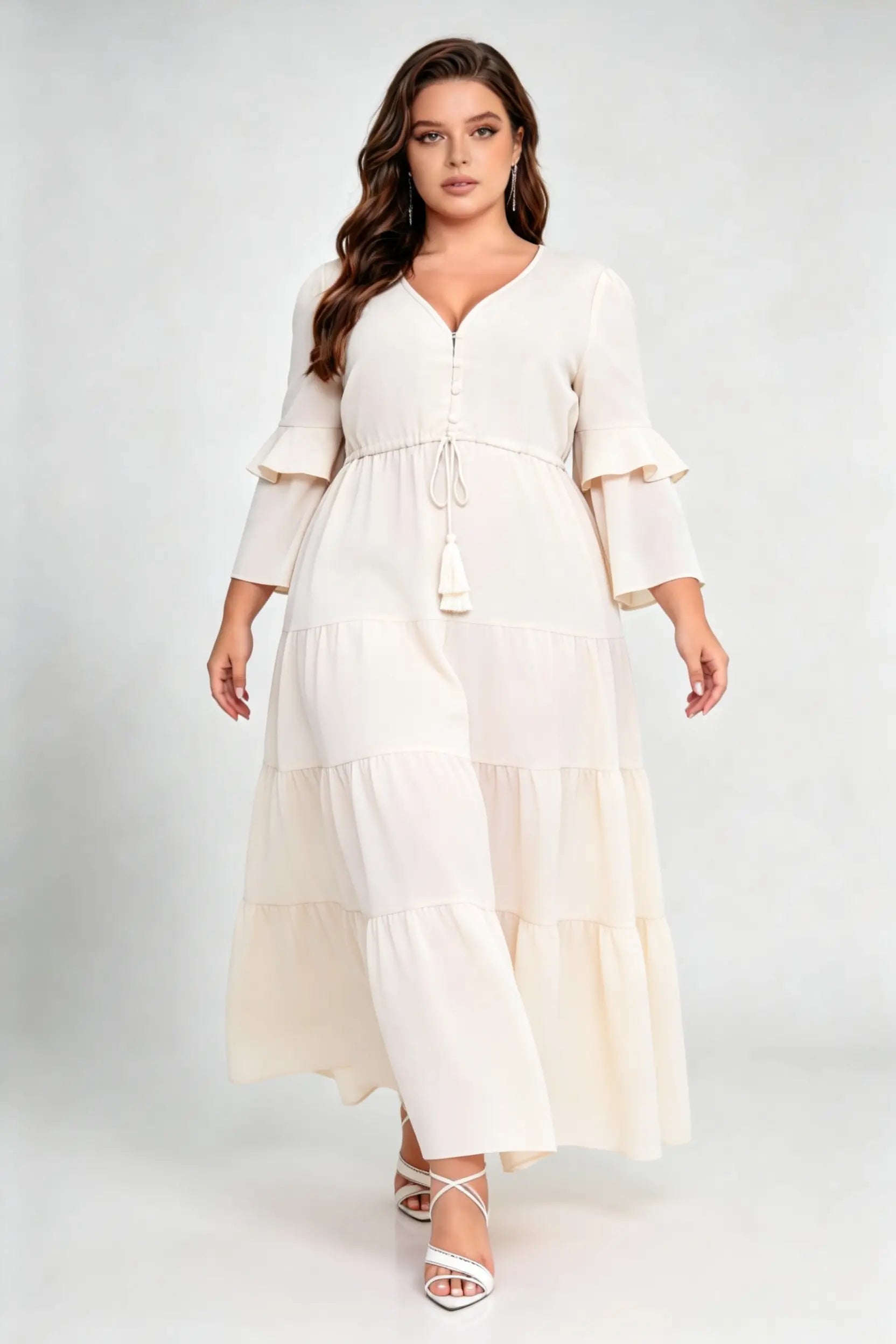 Plus Size Cream V-Neck Ruffled Sleeve Drawstring Waist Tiered A-Line Maxi Dress