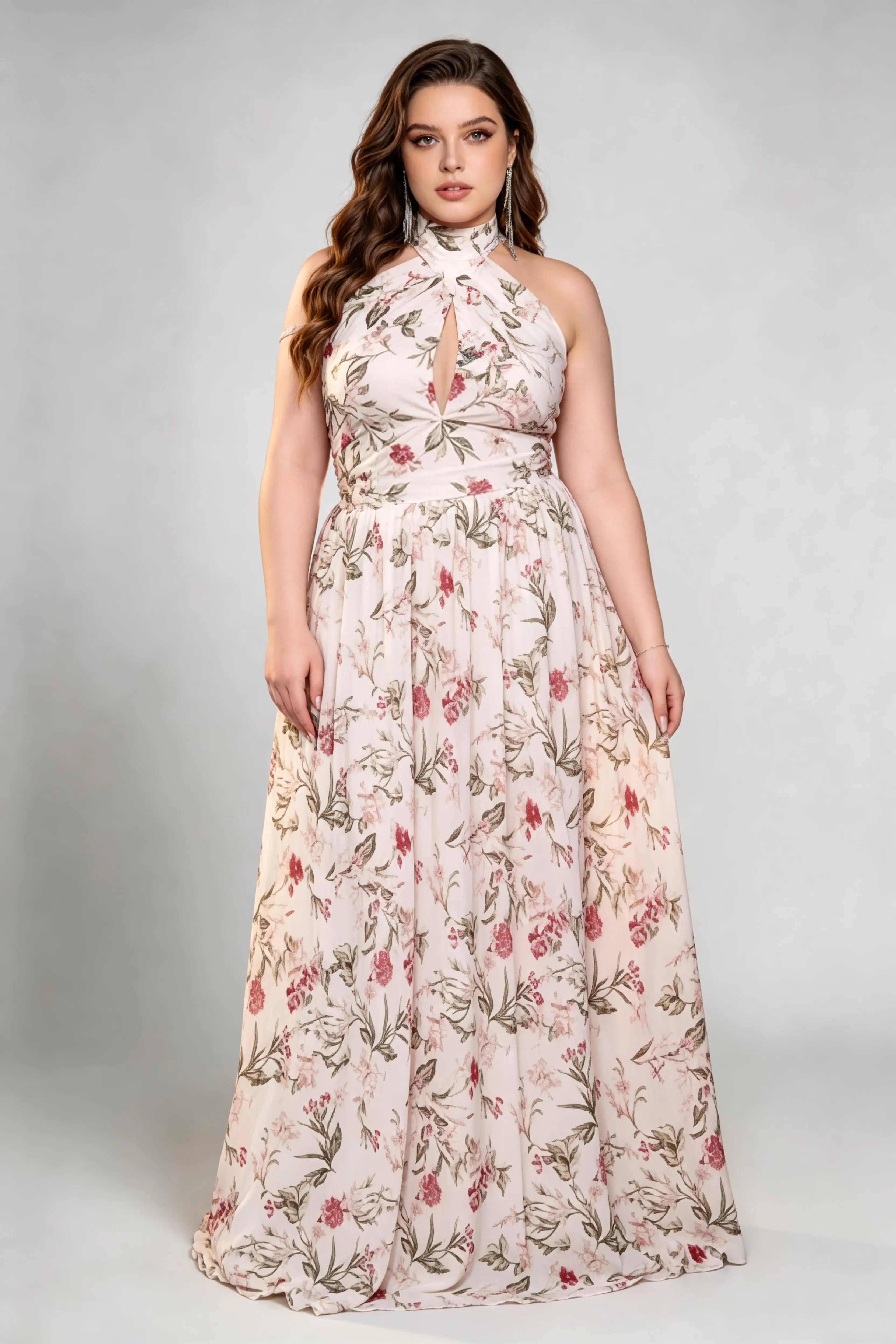 Plus Size Romantic Floral Print Halter Keyhole Open Back Flowy A-Line phoehua Plus Size Romantic Floral Print Halter Keyhole Open Back Flowy A-Line phoehua