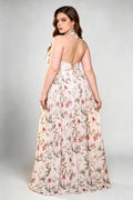 Plus Size Romantic Floral Print Halter Keyhole Open Back Flowy A-Line Maxi Dress