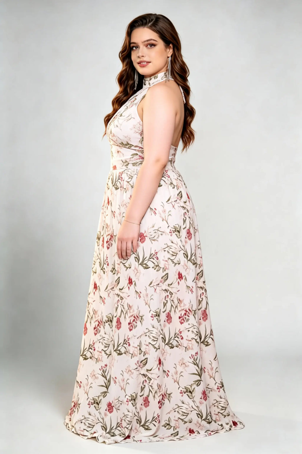 Plus Size Romantic Floral Print Halter Keyhole Open Back Flowy A-Line Maxi Dress