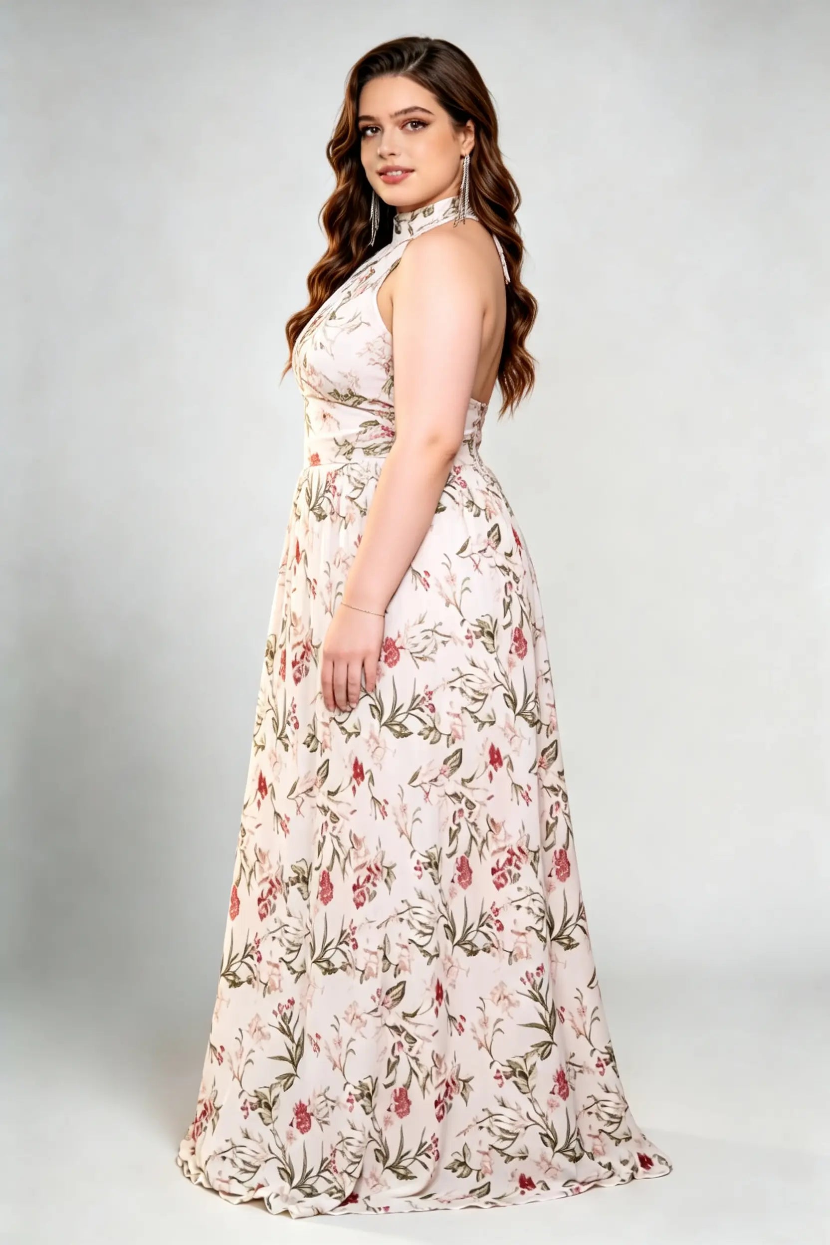 Plus Size Romantic Floral Print Halter Keyhole Open Back Flowy A-Line Maxi Dress