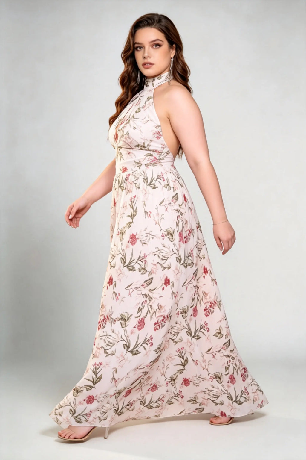 Plus Size Romantic Floral Print Halter Keyhole Open Back Flowy A-Line Maxi Dress