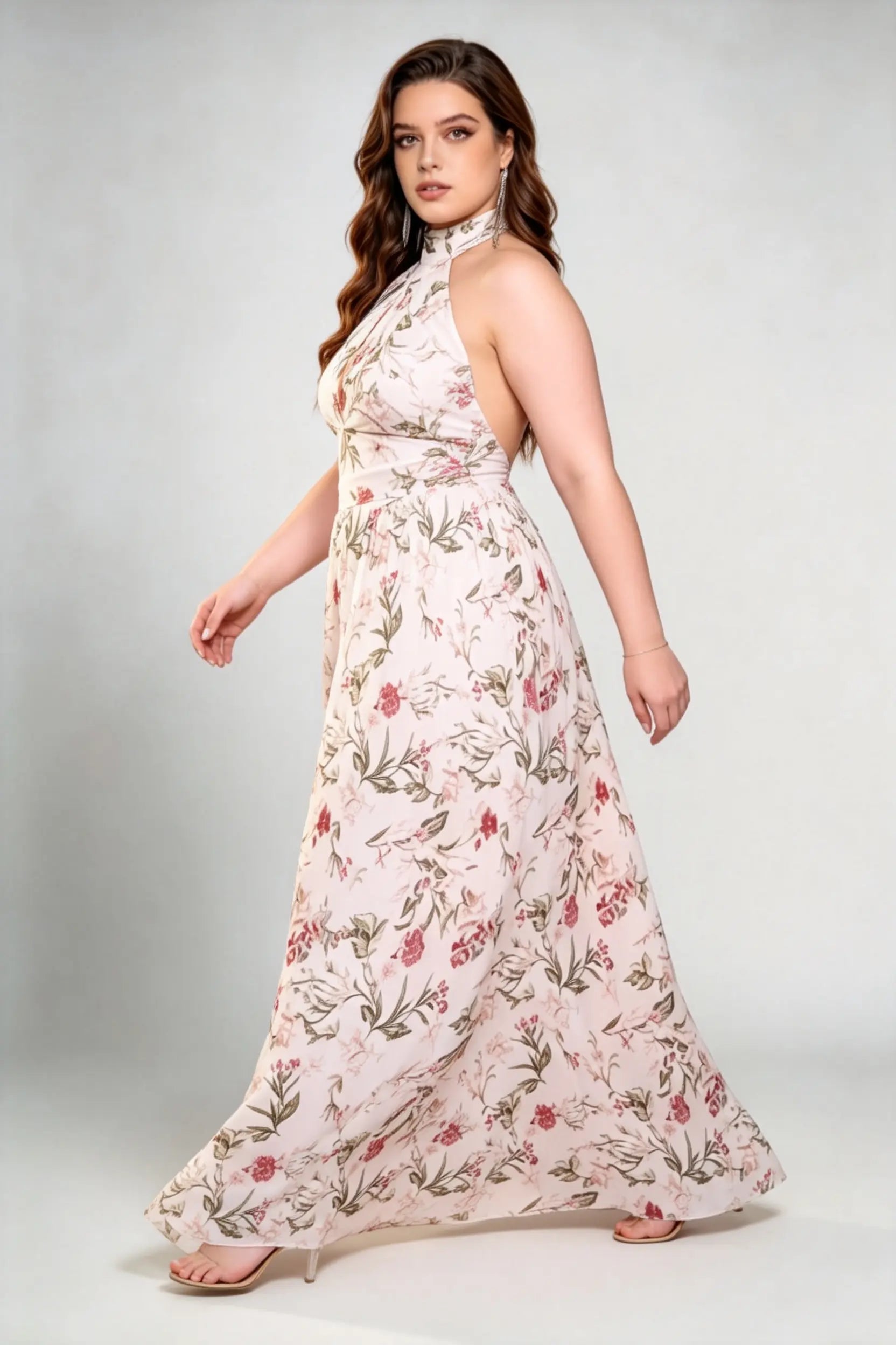 Plus Size Romantic Floral Print Halter Keyhole Open Back Flowy A-Line Maxi Dress