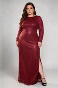 Plus Size Burgundy Sequin Long Sleeve Open Back Side Slit Bodycon Maxi Evening Dress