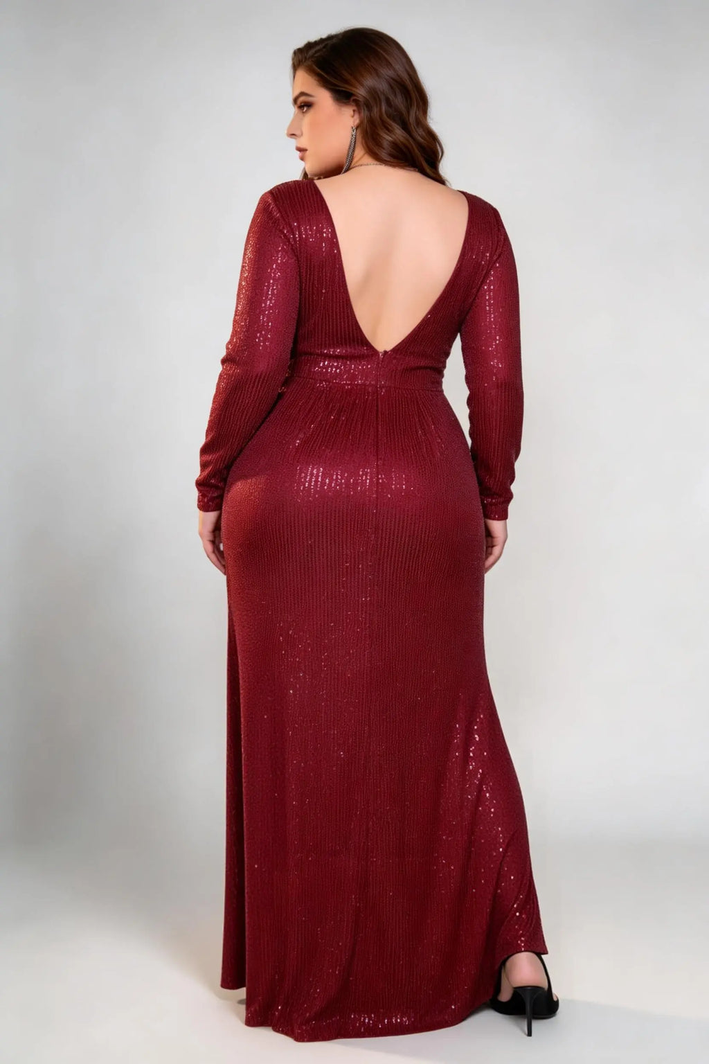 Plus Size Burgundy Sequin Long Sleeve Open Back Side Slit Bodycon Maxi Evening Dress