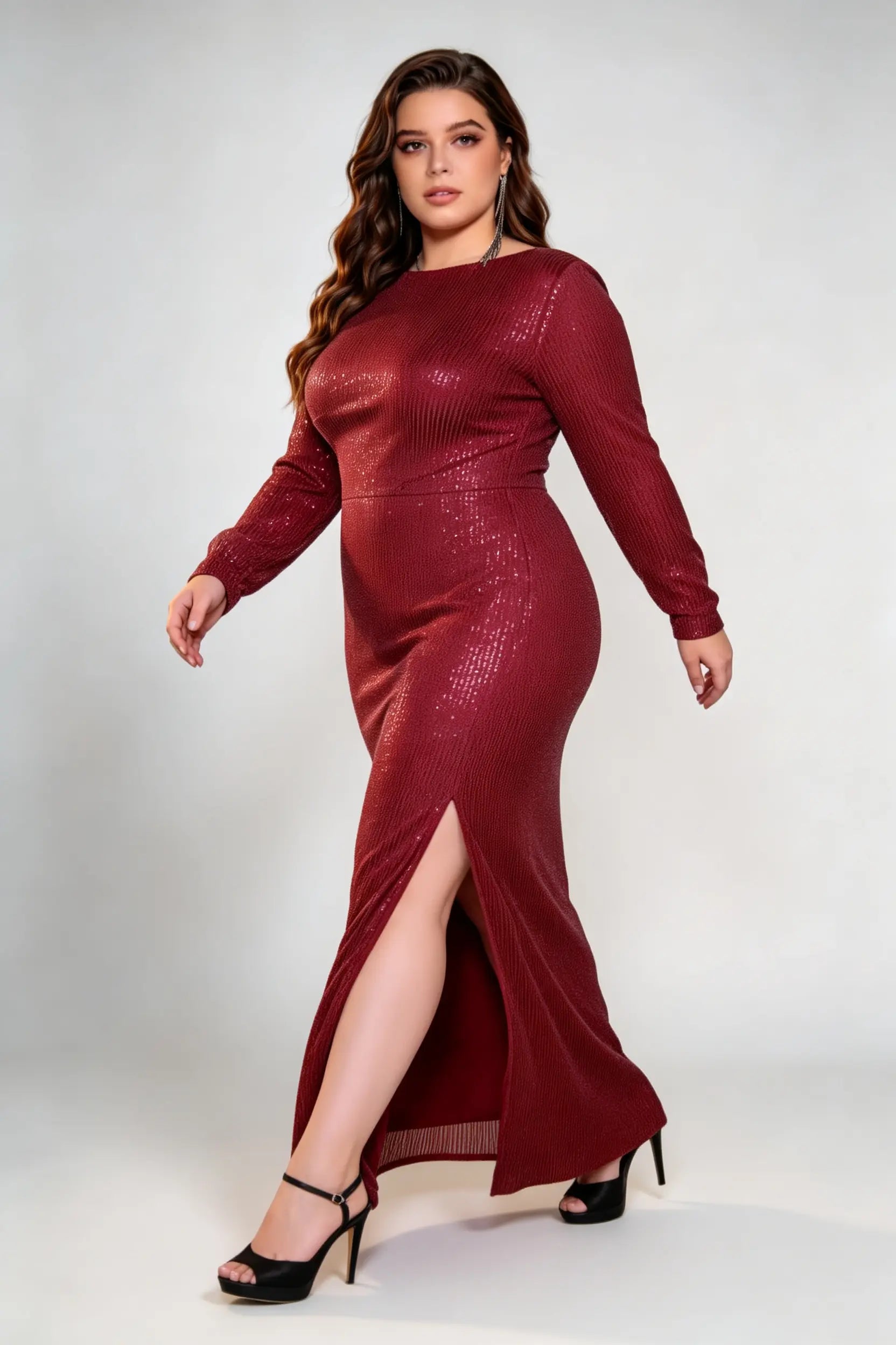 Plus Size Burgundy Sequin Long Sleeve Open Back Side Slit Bodycon Maxi Evening Dress