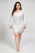 Plus Size Silver Sequined One Shoulder Oversized Balloon Sleeve Bodycon Mini Dress
