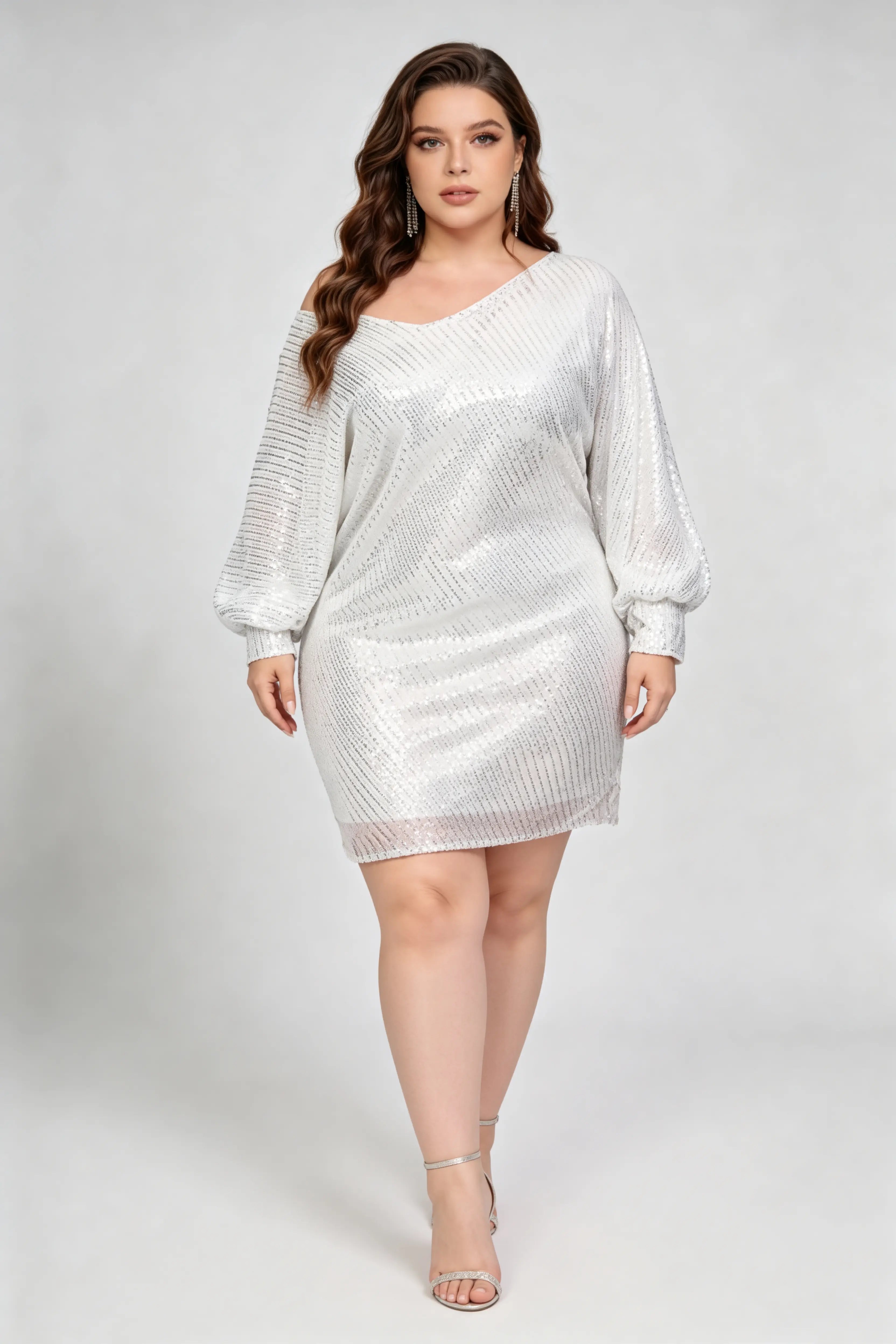 Plus Size Silver Sequined One Shoulder Oversized Balloon Sleeve Bodycon Mini Dress