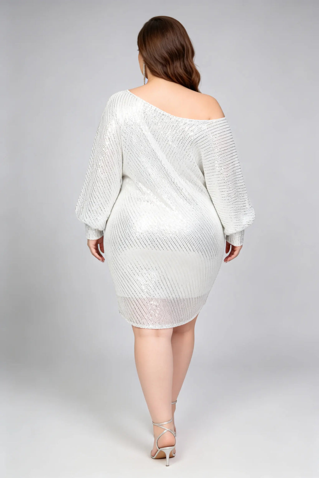 Plus Size Silver Sequined One Shoulder Oversized Balloon Sleeve Bodycon Mini Dress