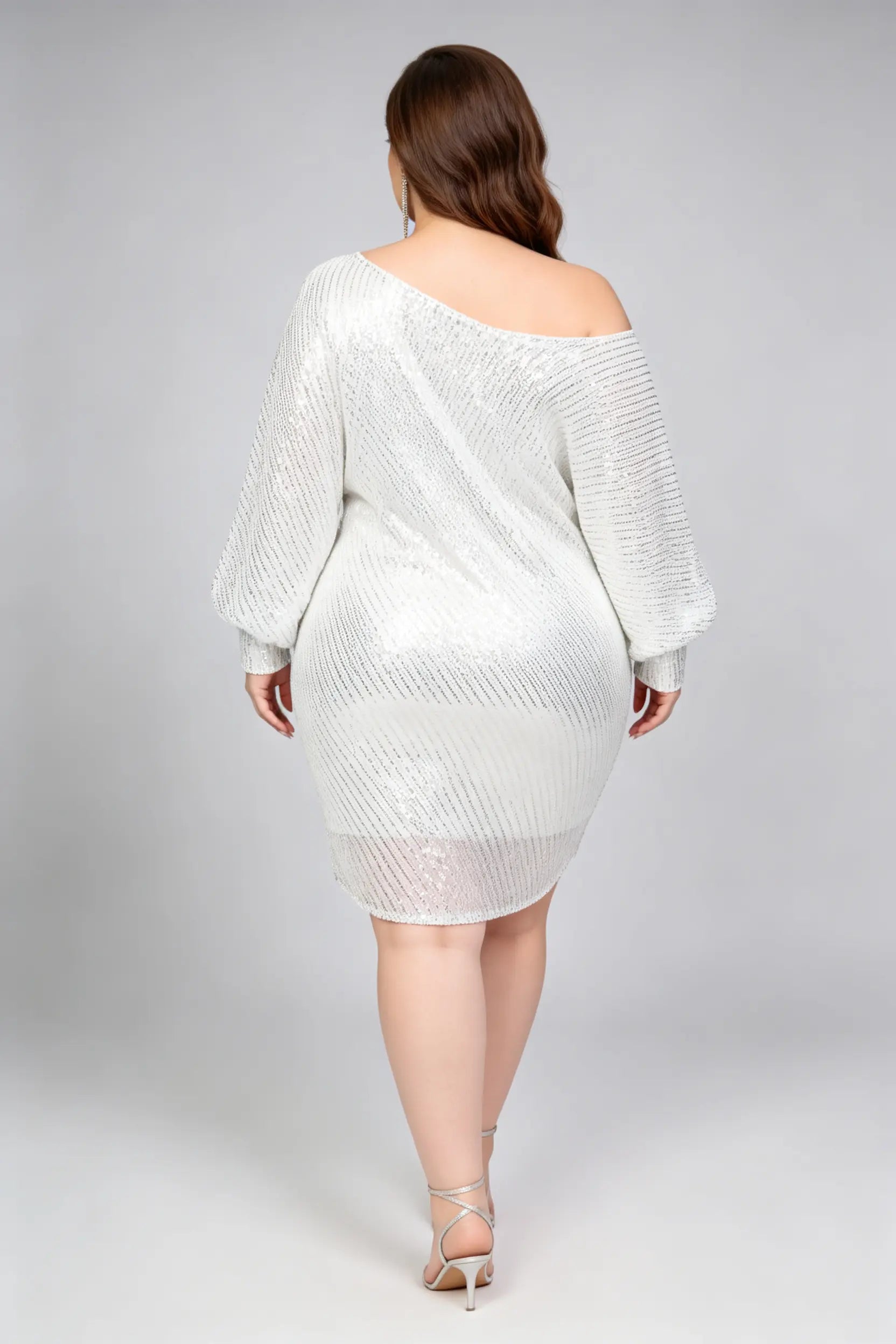 Plus Size Silver Sequined One Shoulder Oversized Balloon Sleeve Bodycon Mini Dress