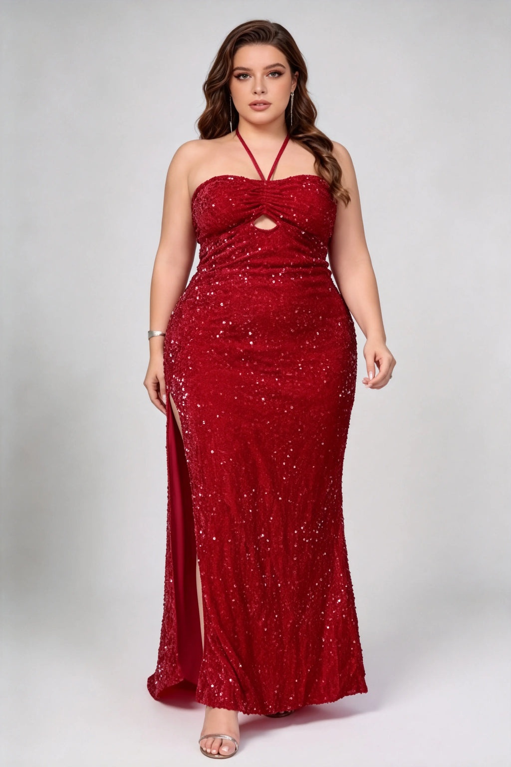Plus Size Red Sequin Halter Keyhole Cutout Side Slit Bodycon Maxi Evening Gown With Train