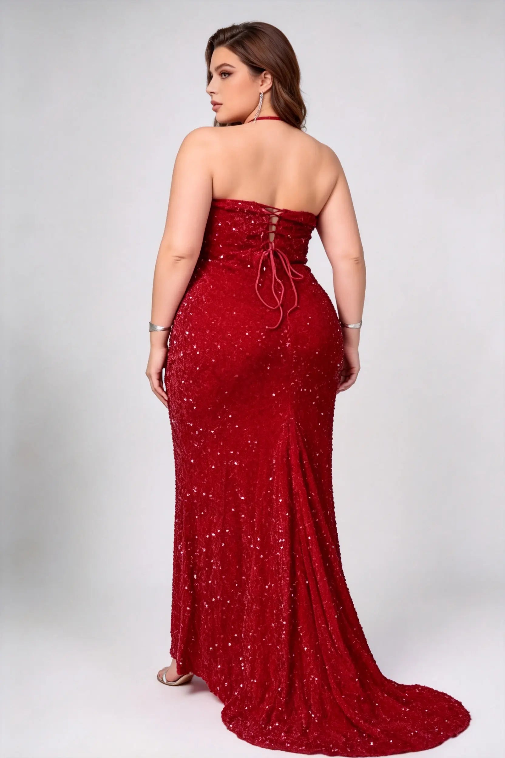 Plus Size Red Sequin Halter Keyhole Cutout Side Slit Bodycon Maxi Evening Gown With Train