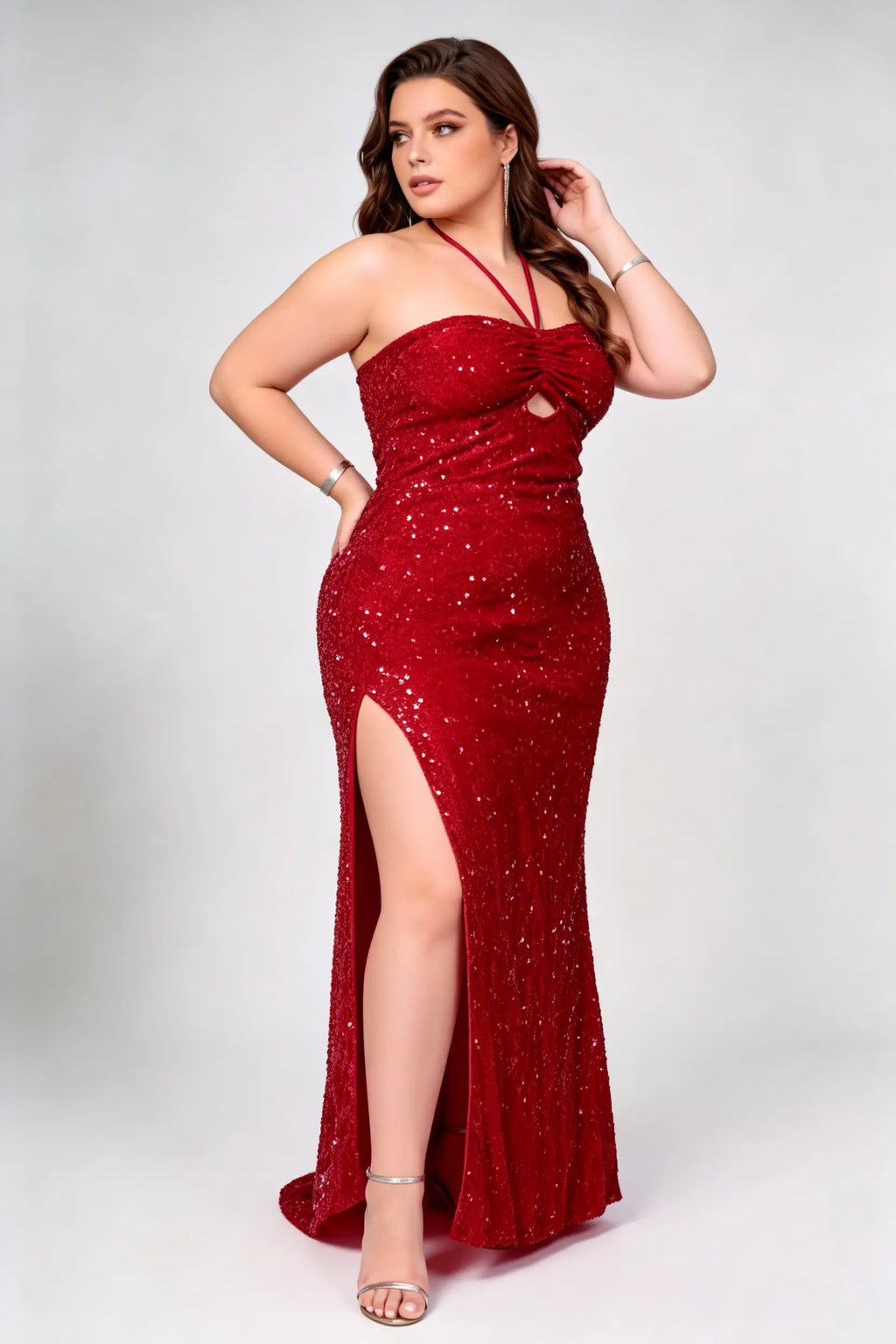 Plus Size Red Sequin Halter Keyhole Cutout Side Slit Bodycon Maxi Evening Gown With Train