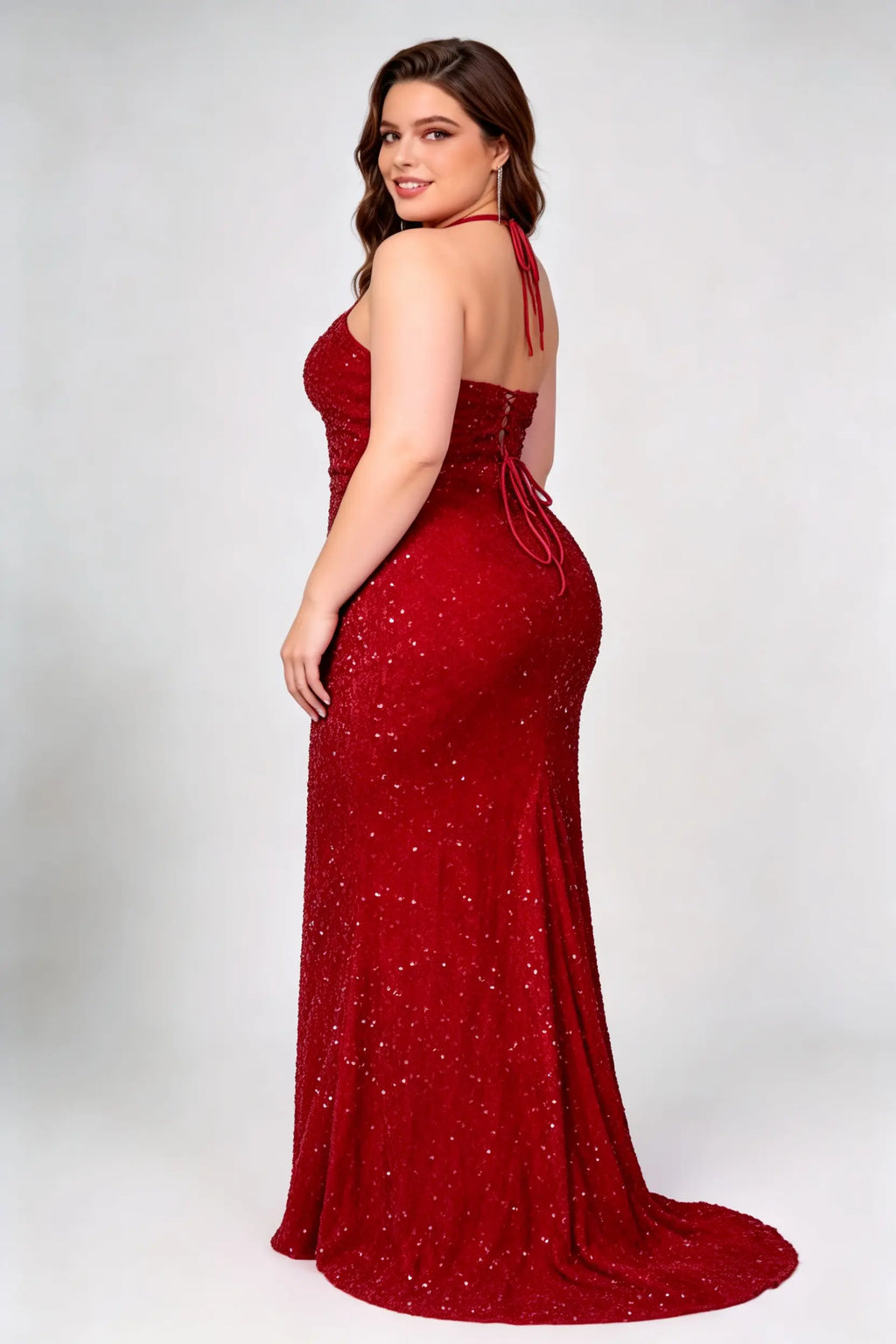 Plus Size Red Sequin Halter Keyhole Cutout Side Slit Bodycon Maxi Evening Gown With Train