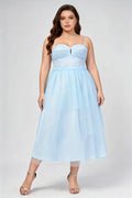 Plus Size Light Blue Tulle Spaghetti Strap Corset Bust Lace-Up Back Tiered A-Line Midi Formal Dress