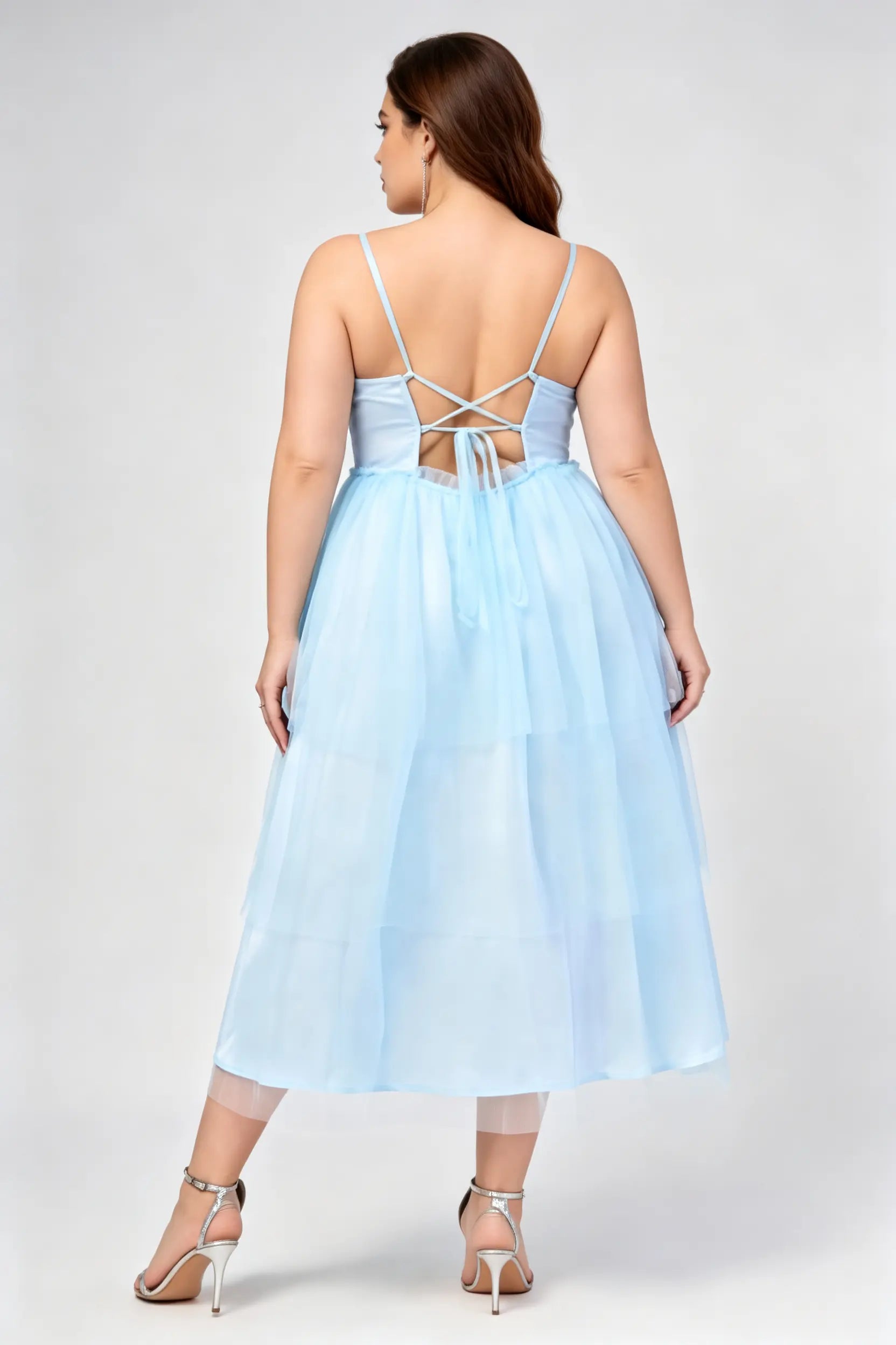 Plus Size Light Blue Tulle Spaghetti Strap Corset Bust Lace-Up Back Tiered A-Line Midi Formal Dress