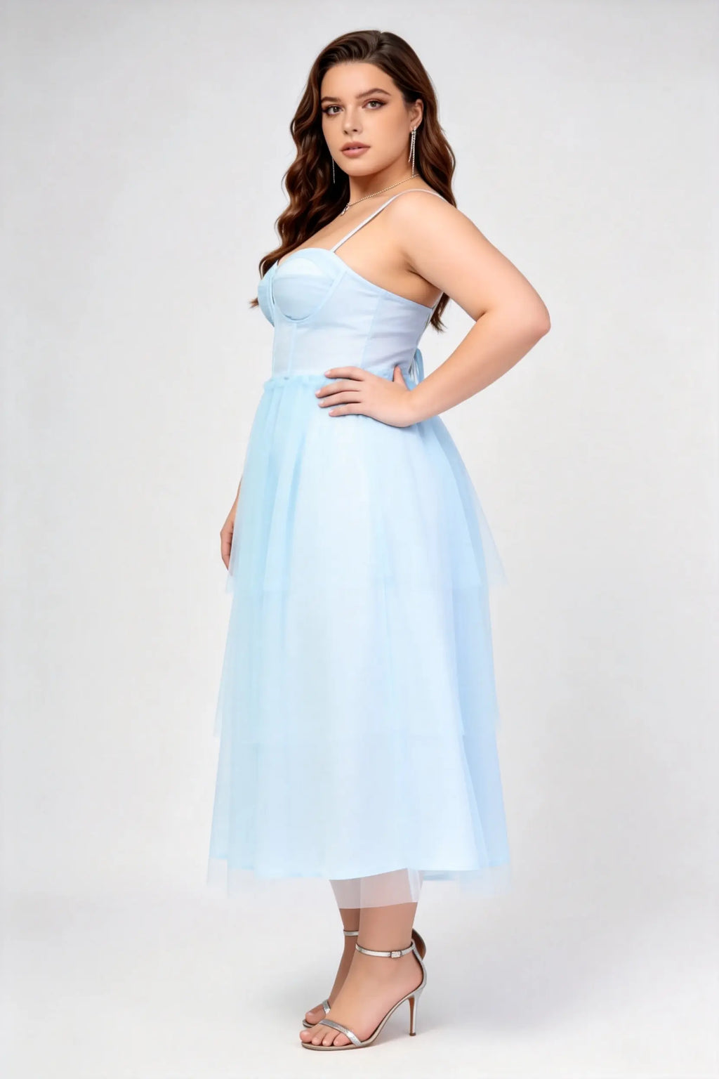 Plus Size Light Blue Tulle Spaghetti Strap Corset Bust Lace-Up Back Tiered A-Line Midi Formal Dress