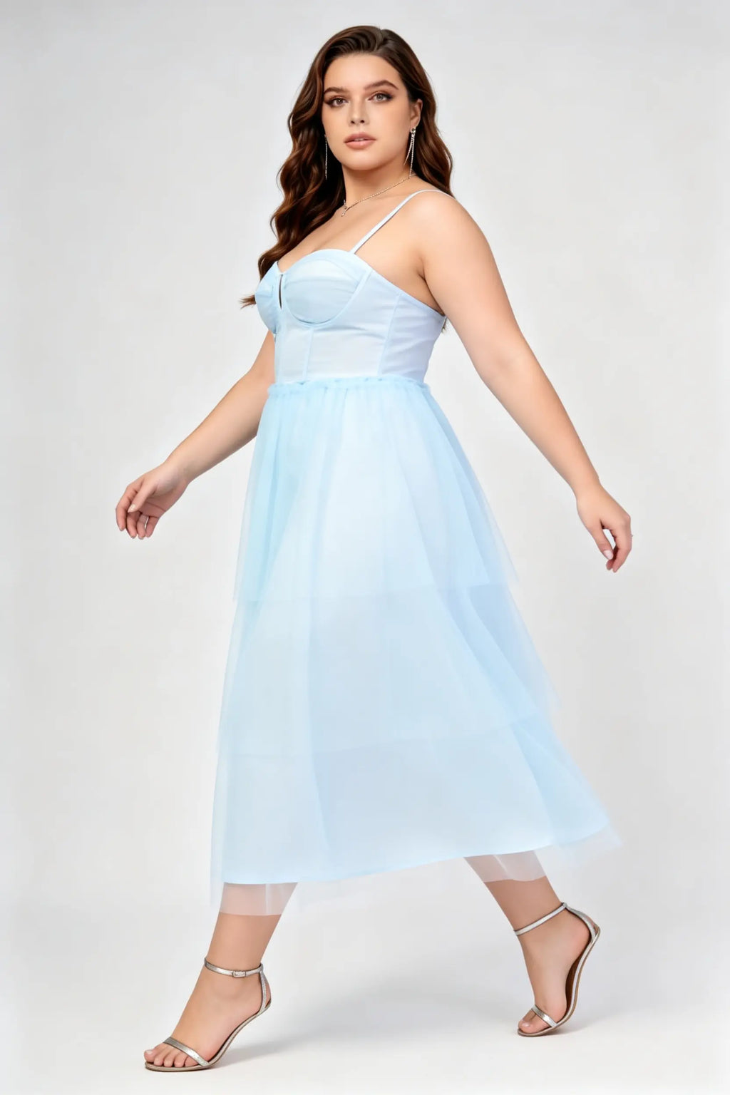 Plus Size Light Blue Tulle Spaghetti Strap Corset Bust Lace-Up Back Tiered A-Line Midi Formal Dress