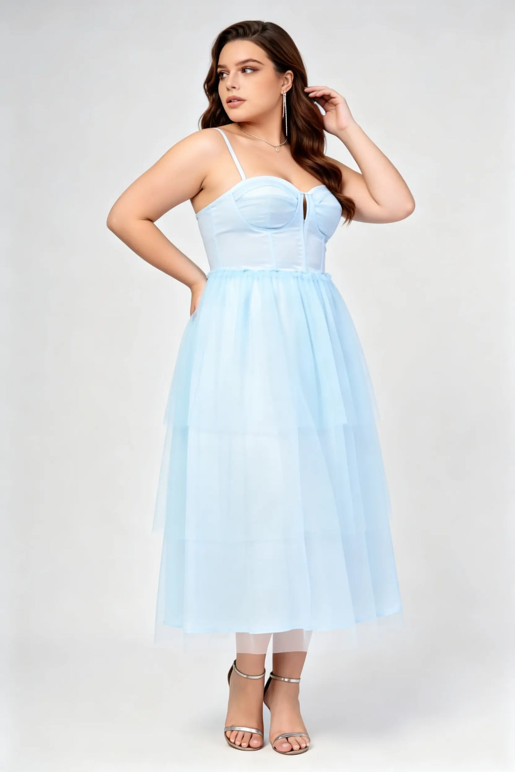 Plus Size Light Blue Tulle Spaghetti Strap Corset Bust Lace-Up Back Tiered A-Line Midi Formal Dress