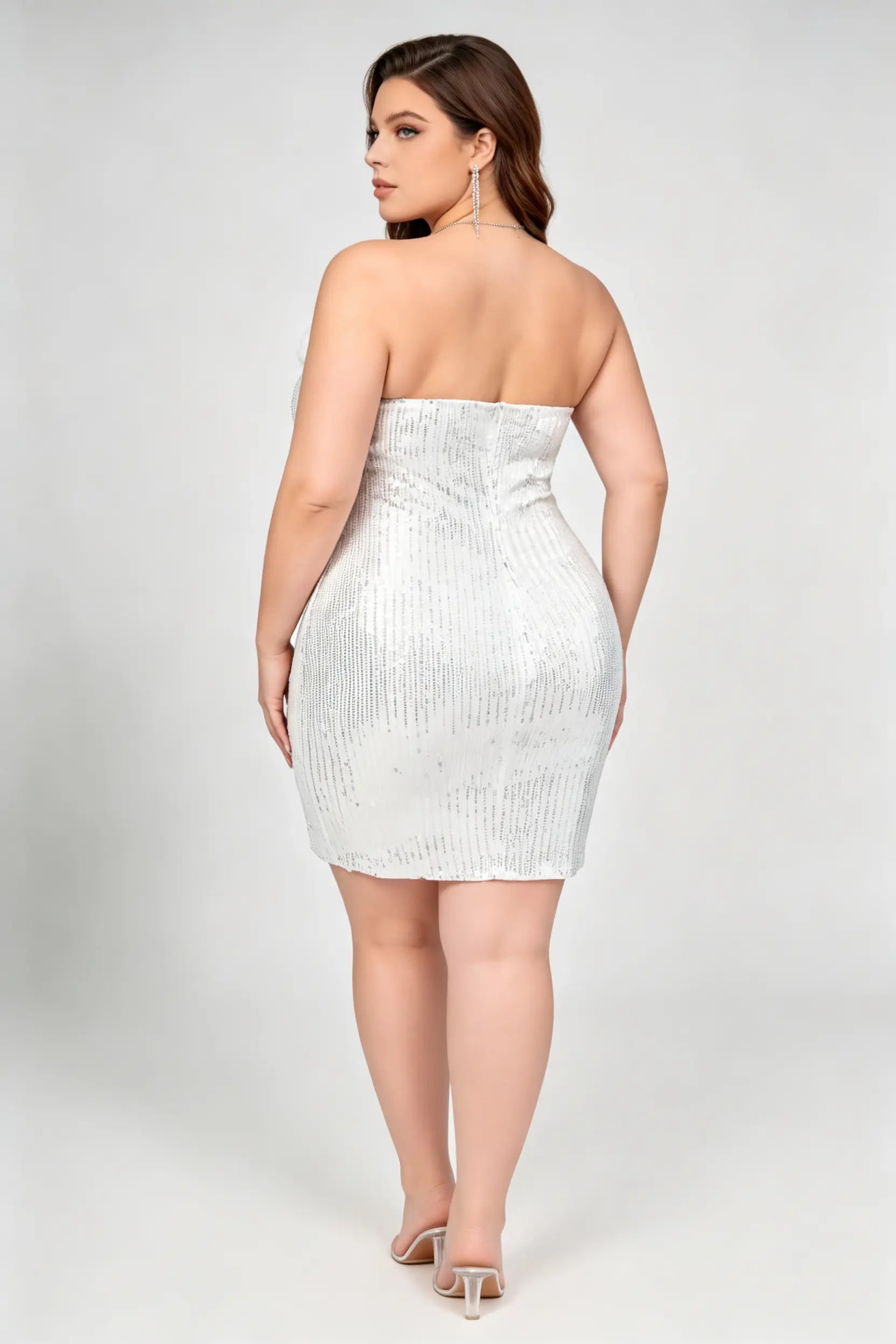 Plus Size White Sequin Strapless Fuzzy Trim Side Slit Bodycon Midi Evening Dress