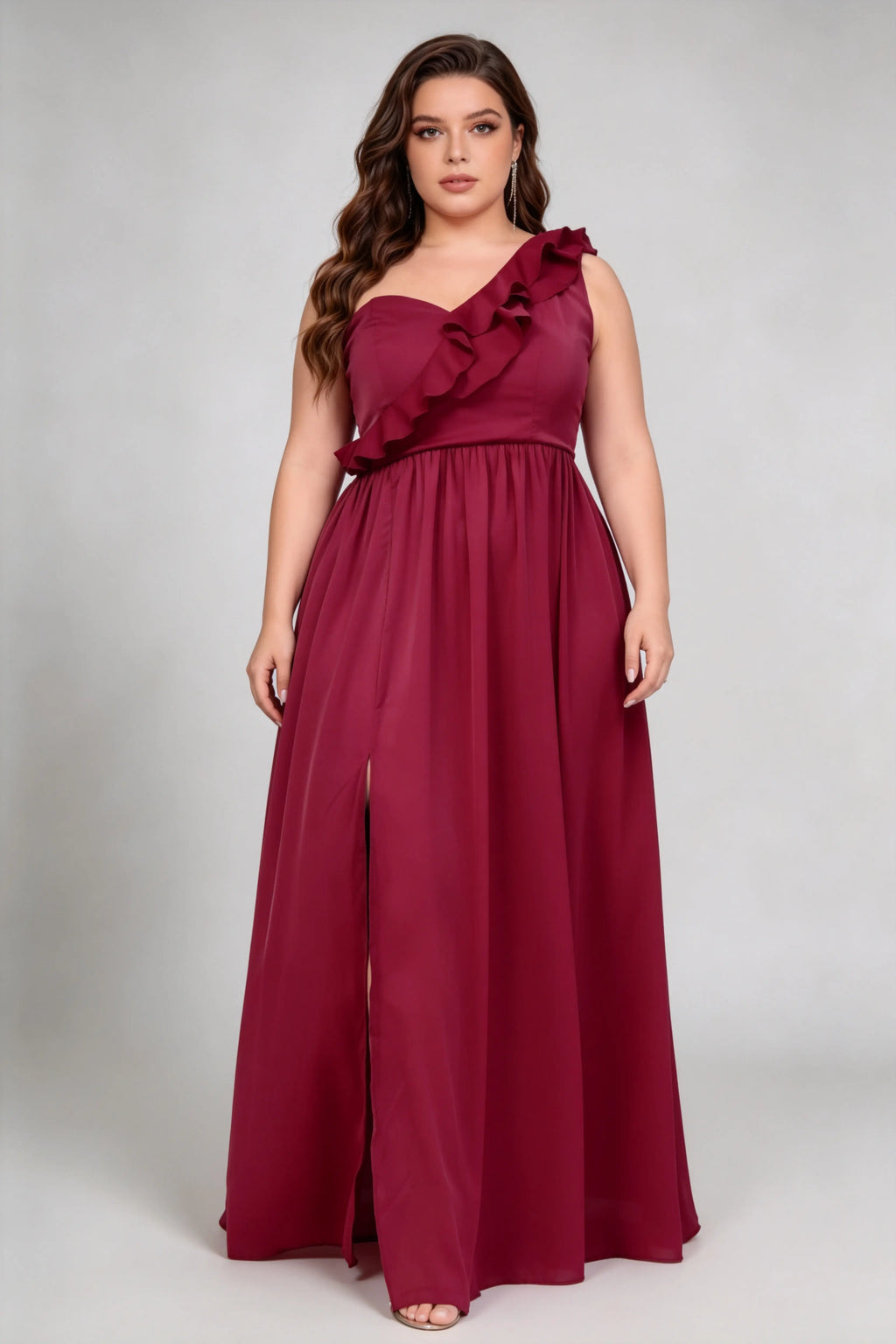 Plus Size Burgundy One Shoulder Ruffle Detail High Side Slit Irregular –  phoehua