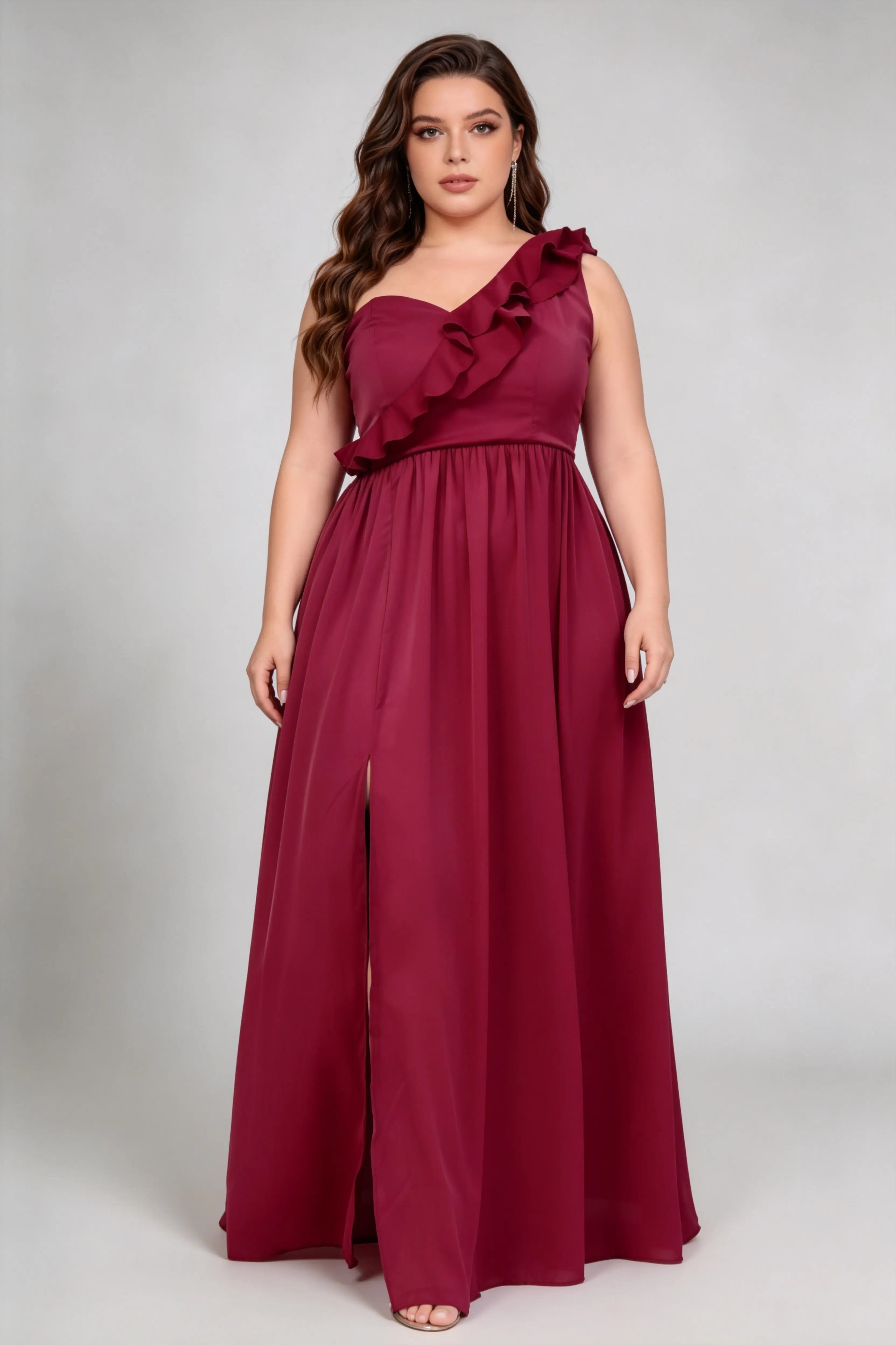 Plus Size Burgundy One Shoulder Ruffle Detail High Side Slit Irregular A-Line Chiffon Maxi Formal Dress
