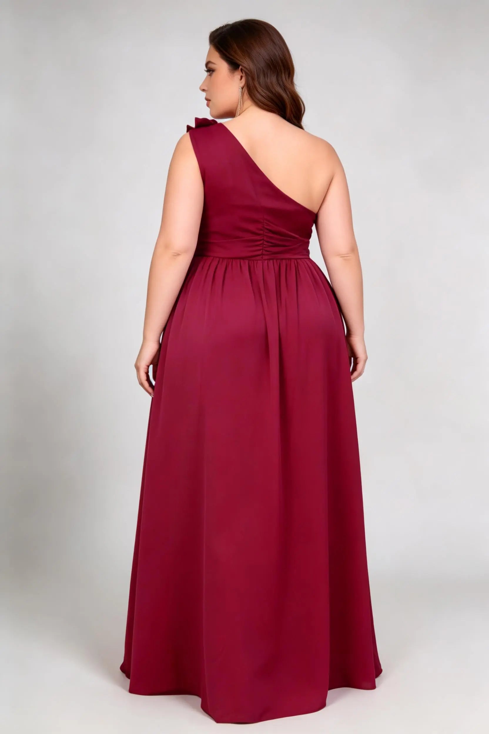 Plus Size Burgundy One Shoulder Ruffle Detail High Side Slit Irregular A-Line Chiffon Maxi Formal Dress