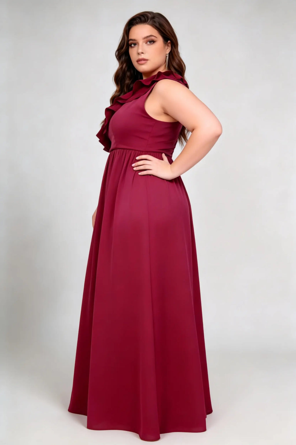 Plus Size Burgundy One Shoulder Ruffle Detail High Side Slit Irregular A-Line Chiffon Maxi Formal Dress