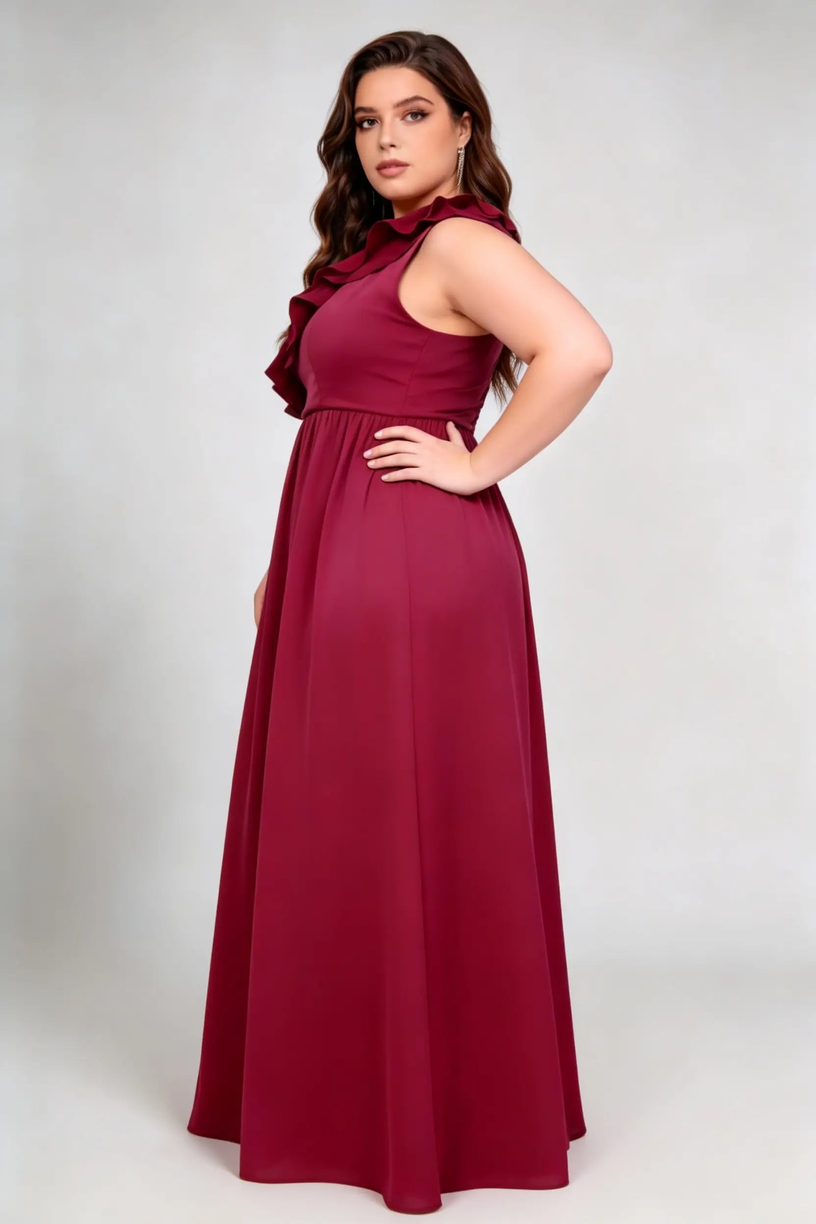 Plus Size Burgundy One Shoulder Ruffle Detail High Side Slit Irregular A-Line Chiffon Maxi Formal Dress