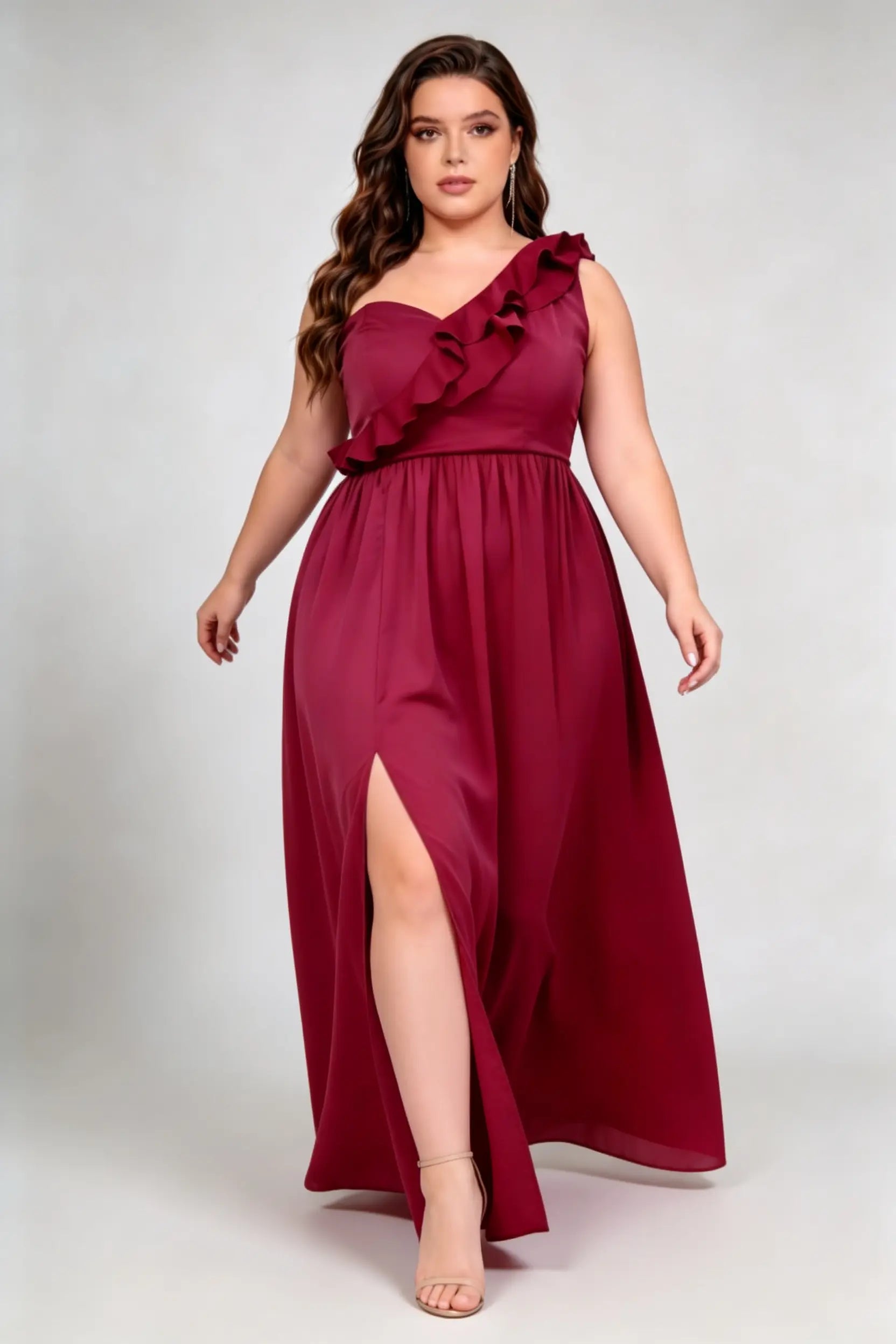 Plus Size Burgundy One Shoulder Ruffle Detail High Side Slit Irregular A-Line Chiffon Maxi Formal Dress