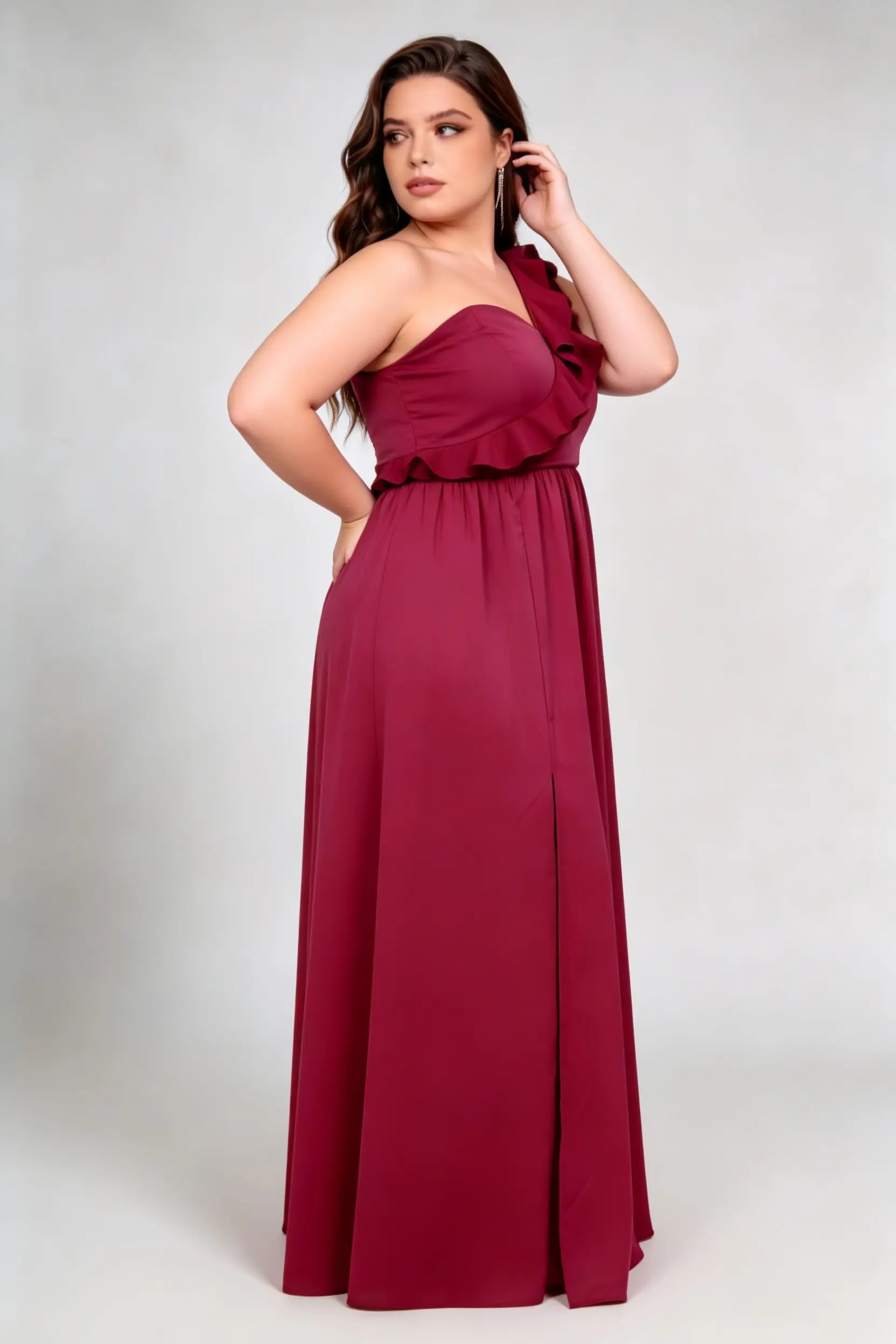 Plus Size Burgundy One Shoulder Ruffle Detail High Side Slit Irregular A-Line Chiffon Maxi Formal Dress