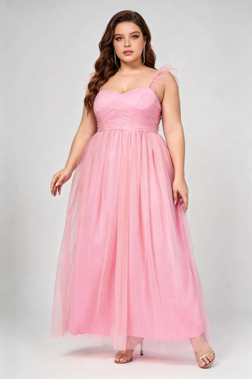 Plus Size Blush Pink Tulle Sweetheart Neck Ruffled Strap A-Line Flowy Maxi Formal Dress