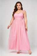 Plus Size Blush Pink Tulle Sweetheart Neck Ruffled Strap A-Line Flowy Maxi Formal Dress