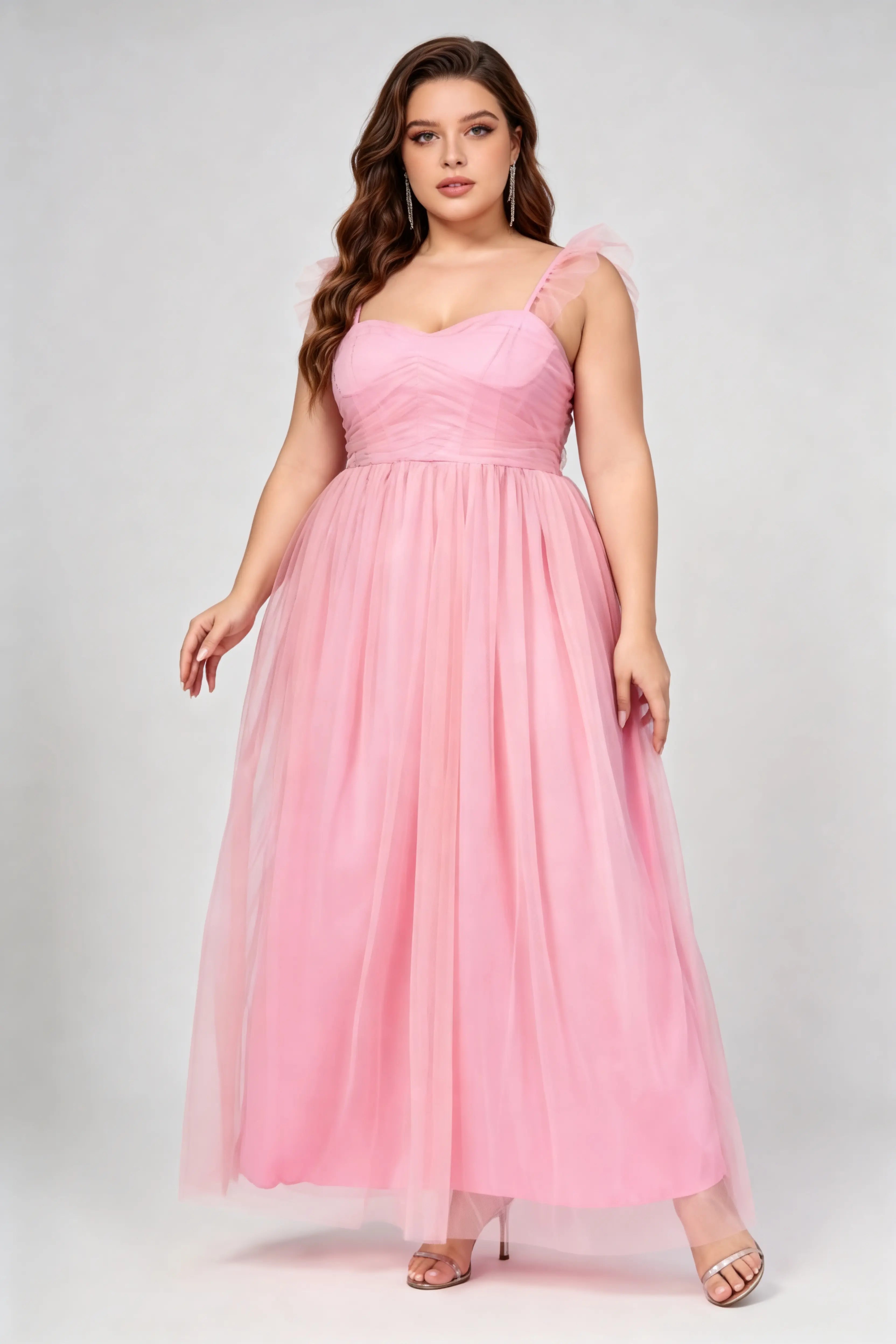 Plus Size Blush Pink Tulle Sweetheart Neck Ruffled Strap A-Line Flowy Maxi Formal Dress