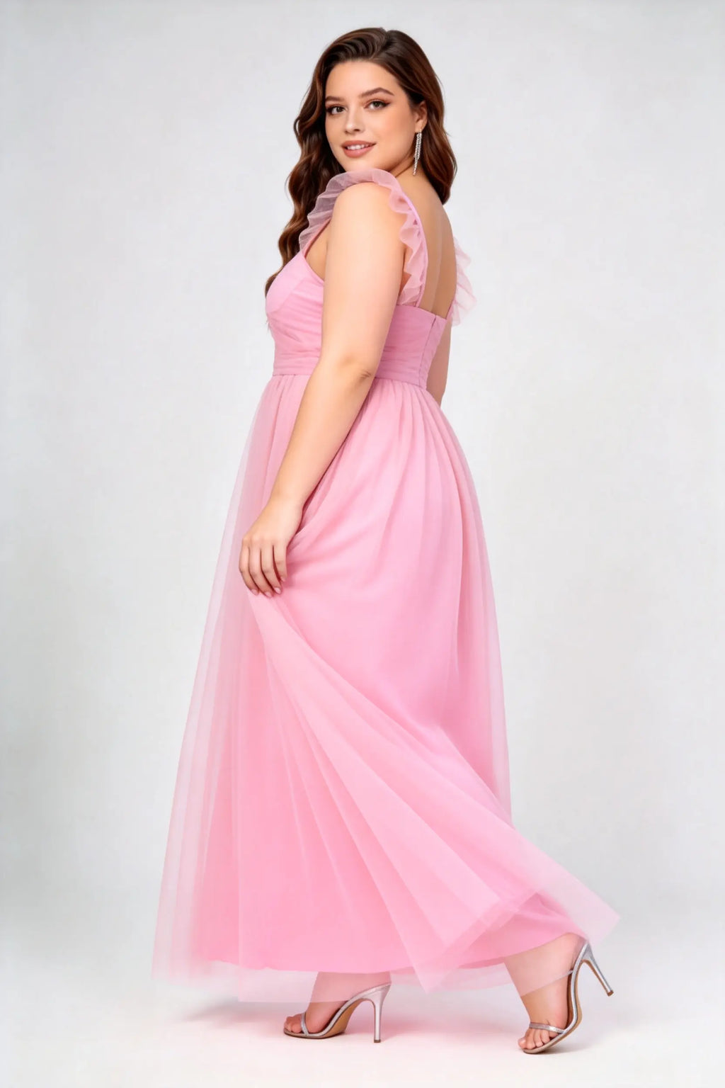 Plus Size Blush Pink Tulle Sweetheart Neck Ruffled Strap A-Line Flowy Maxi Formal Dress