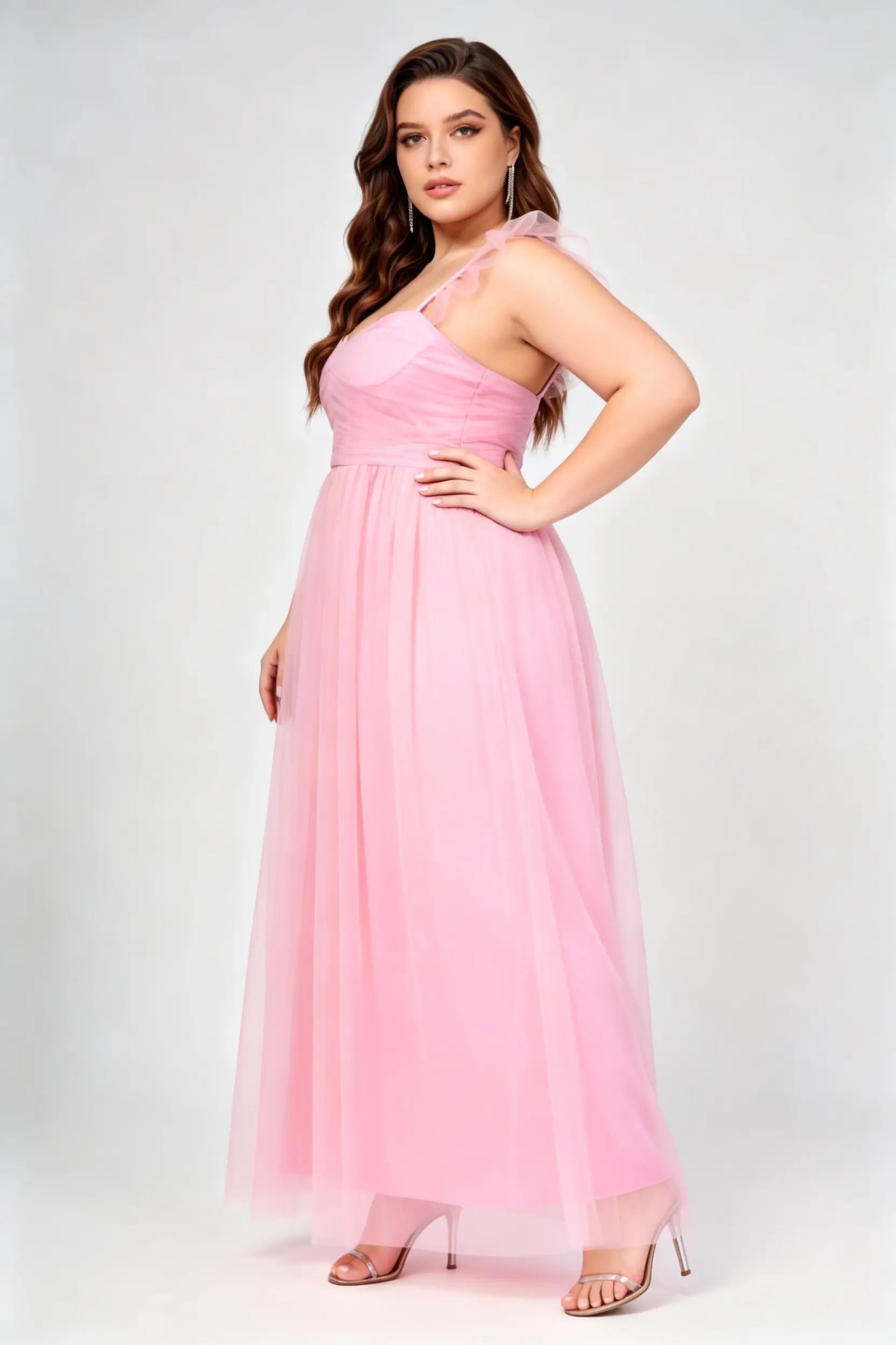 Plus Size Blush Pink Tulle Sweetheart Neck Ruffled Strap A-Line Flowy Maxi Formal Dress