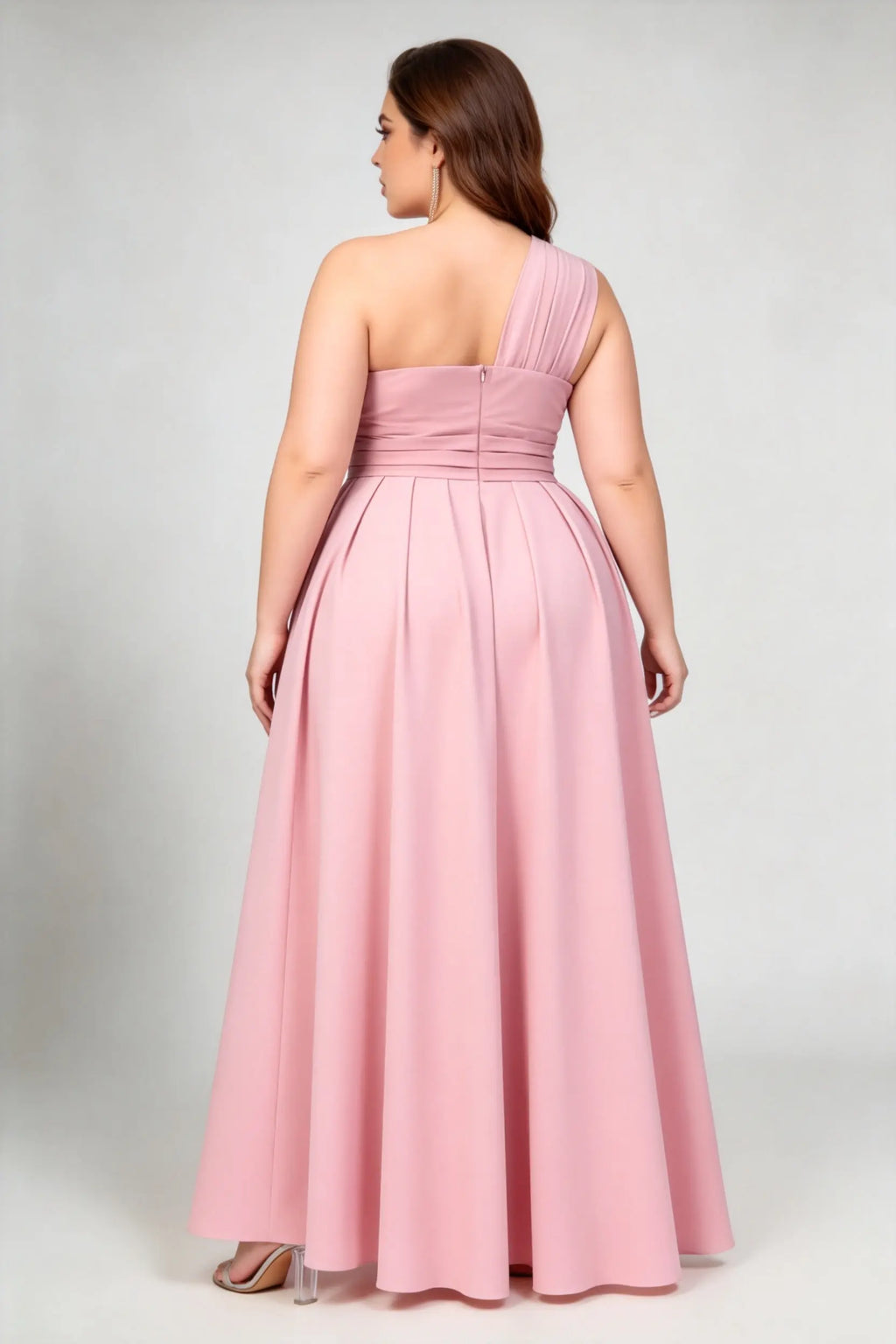 Plus Size Blush Pink One Shoulder High Waist High-Low A-Line Asymmetric Hem Formal Maxi Dress