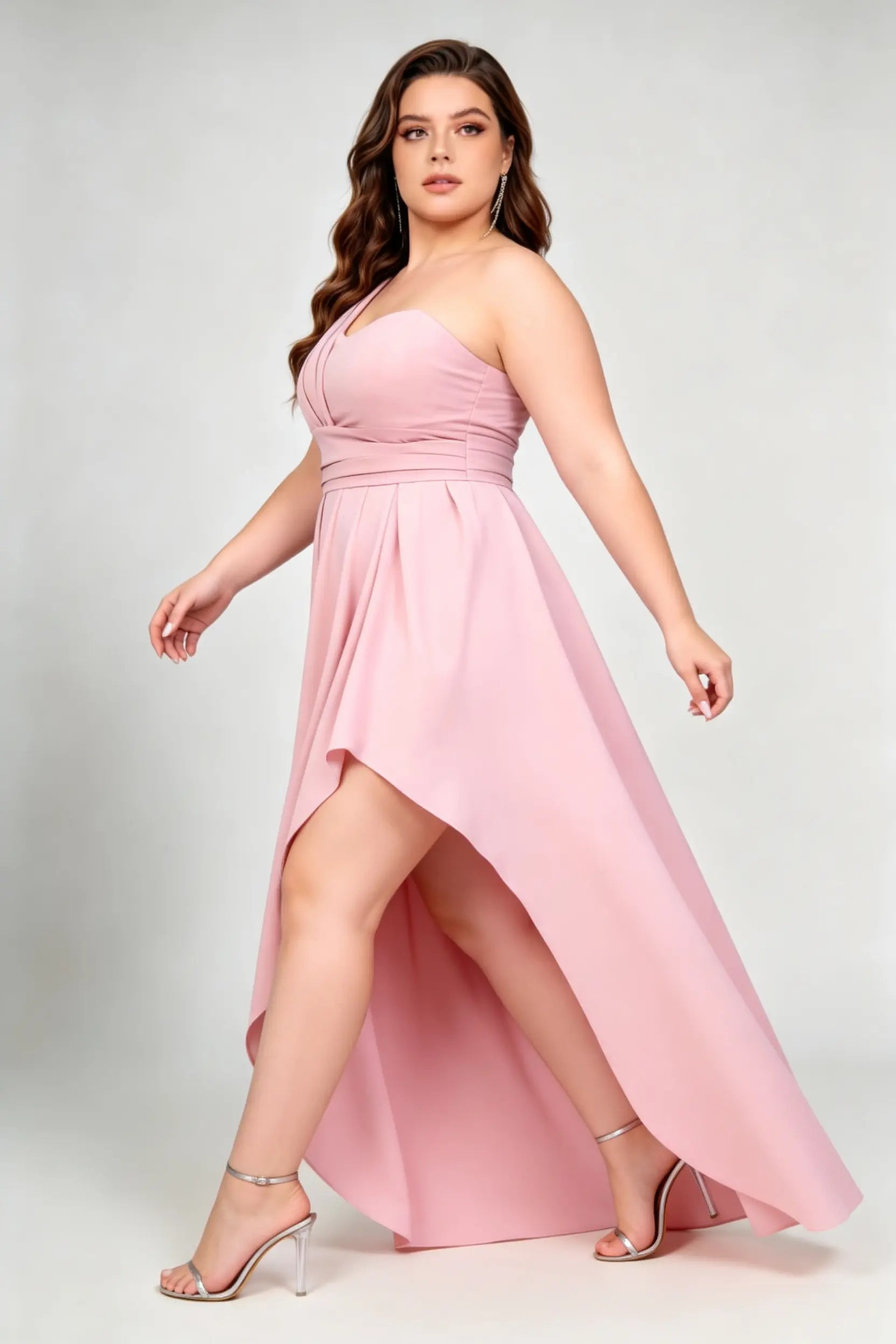 Plus Size Blush Pink One Shoulder High Waist High-Low A-Line Asymmetric Hem Formal Maxi Dress