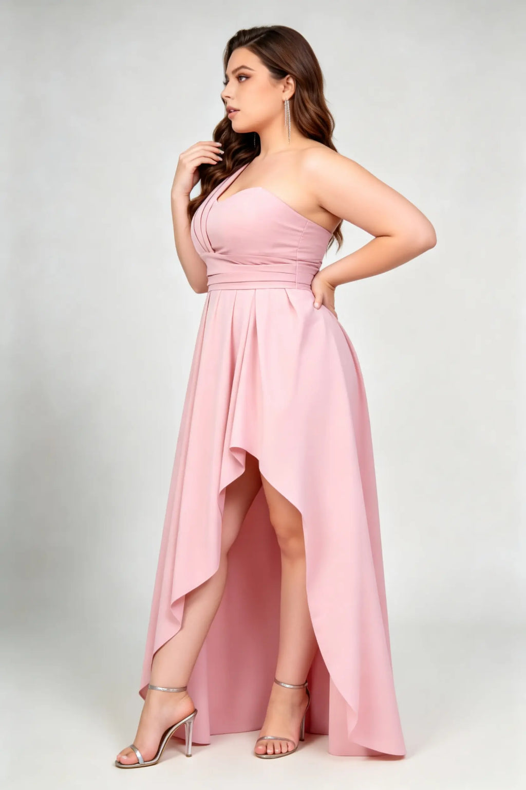 Plus Size Blush Pink One Shoulder High Waist High-Low A-Line Asymmetric Hem Formal Maxi Dress