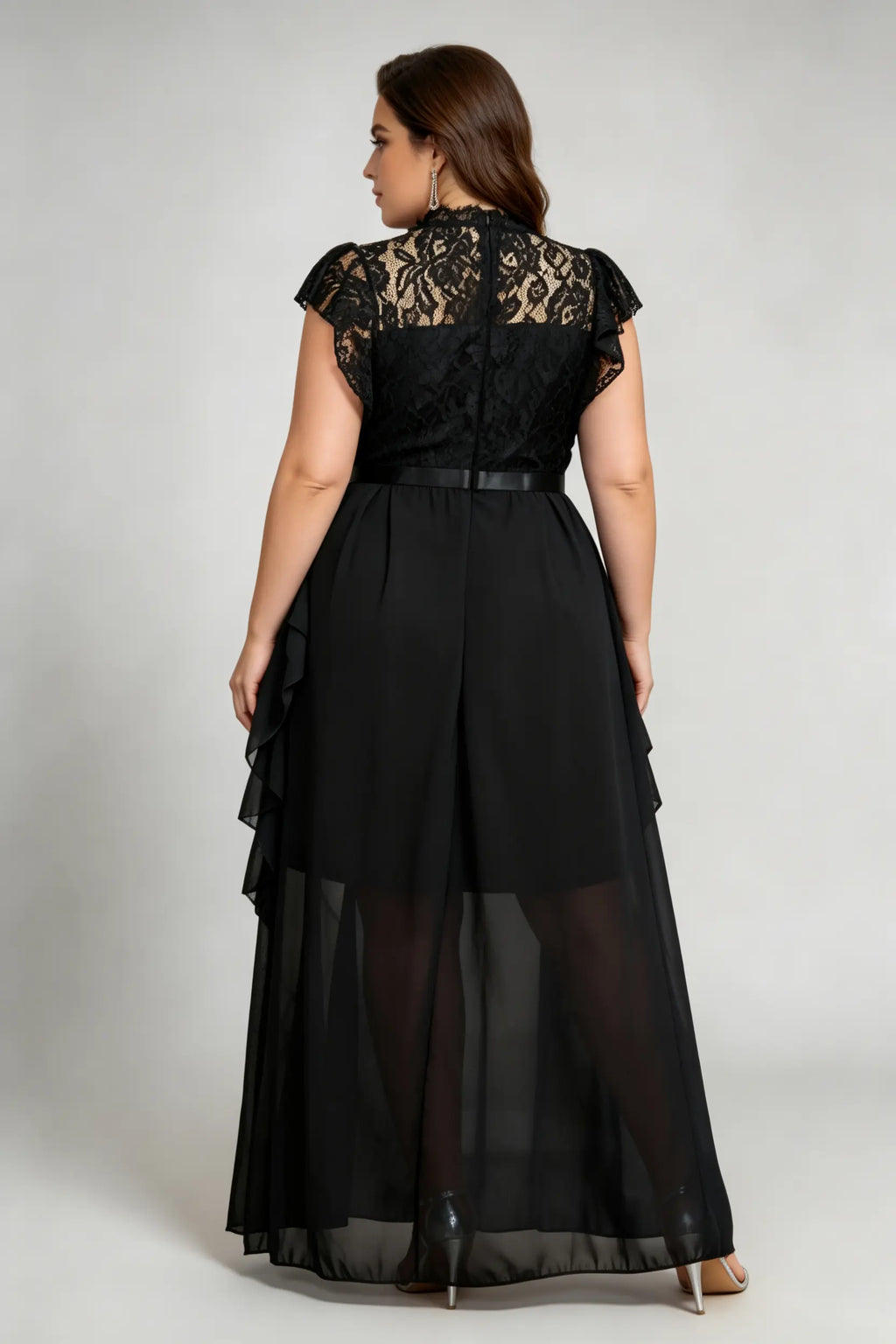 Plus Size Black Lace High Neck Ruffled Sleeve Waist Defined Sheer Hem A-Line Maxi Formal Dress