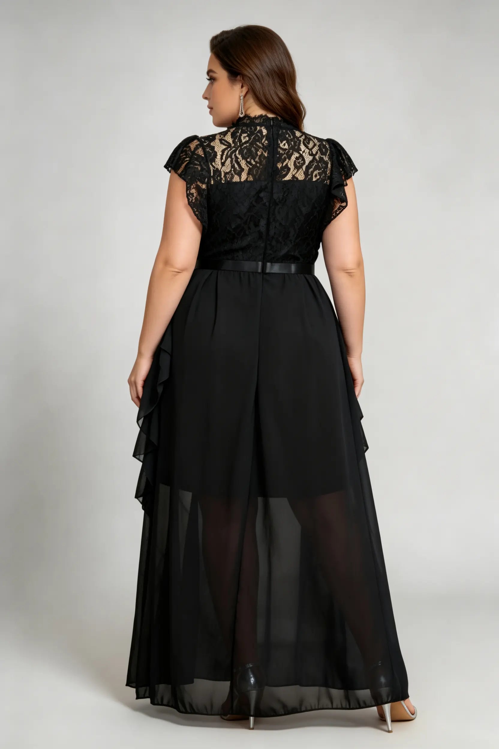Plus Size Black Lace High Neck Ruffled Sleeve Waist Defined Sheer Hem A-Line Maxi Formal Dress
