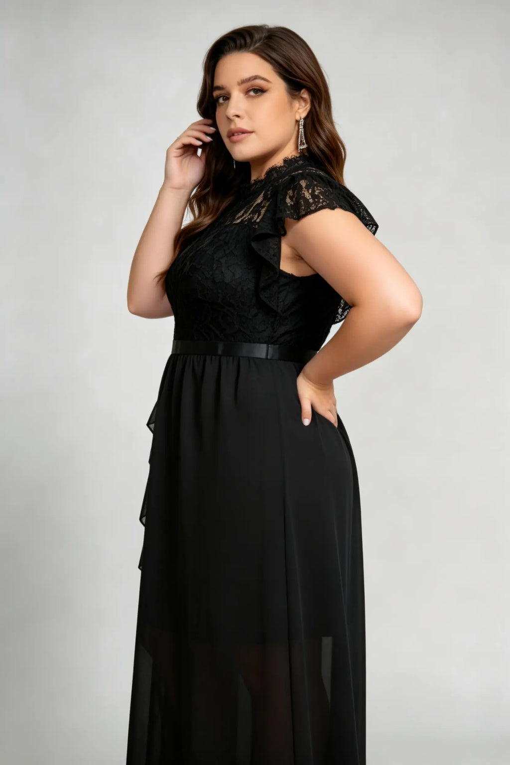 Plus Size Black Lace High Neck Ruffled Sleeve Waist Defined Sheer Hem A-Line Maxi Formal Dress