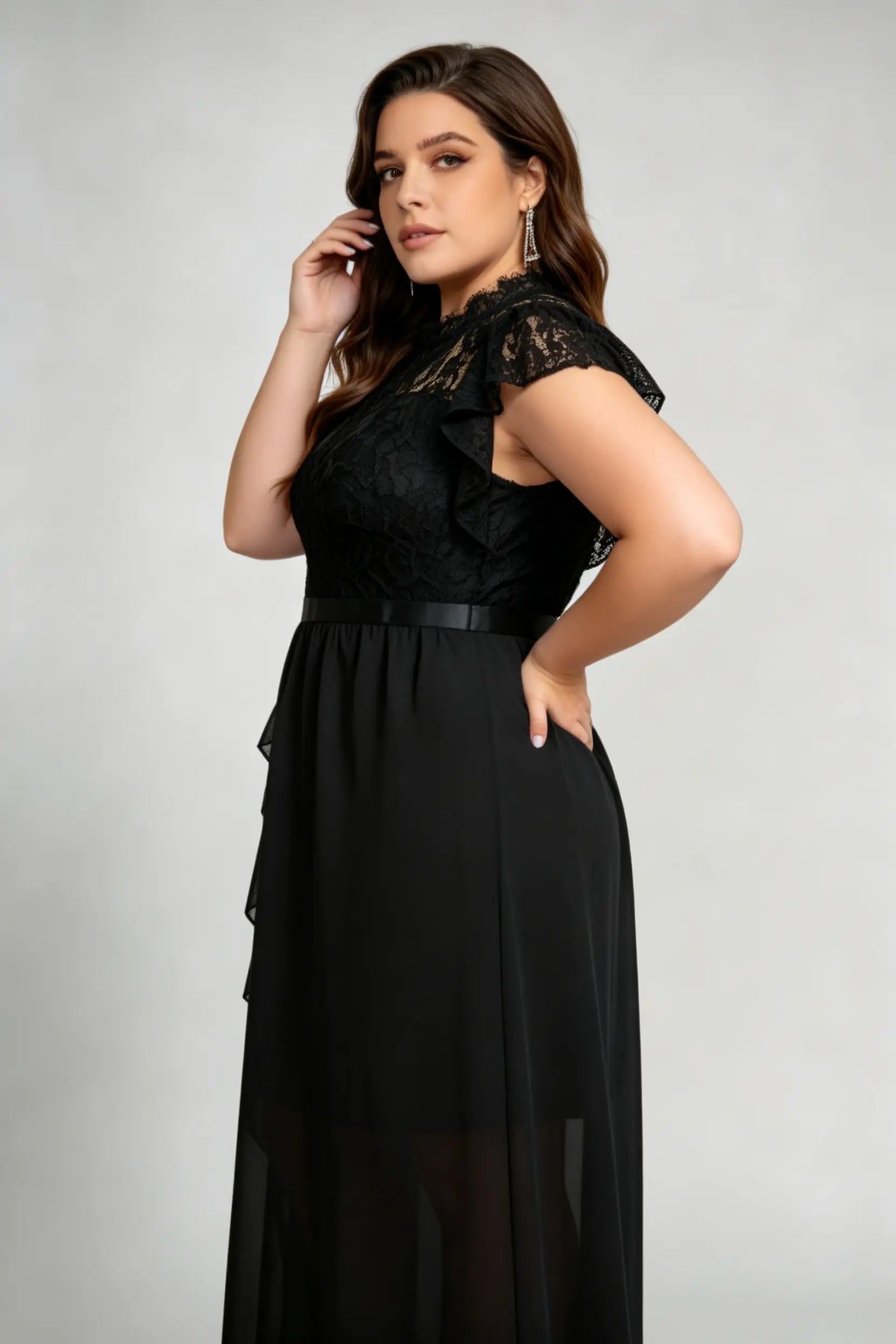 biscotti bridesmaid dresses Plus Size Black Lace High Neck Ruffled Sleeve Waist Defined Sheer Hem –  phoehua