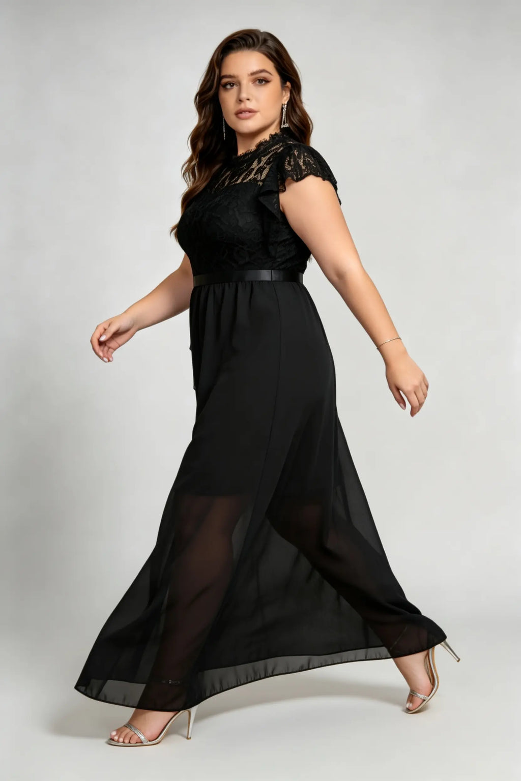 Plus Size Black Lace High Neck Ruffled Sleeve Waist Defined Sheer Hem A-Line Maxi Formal Dress