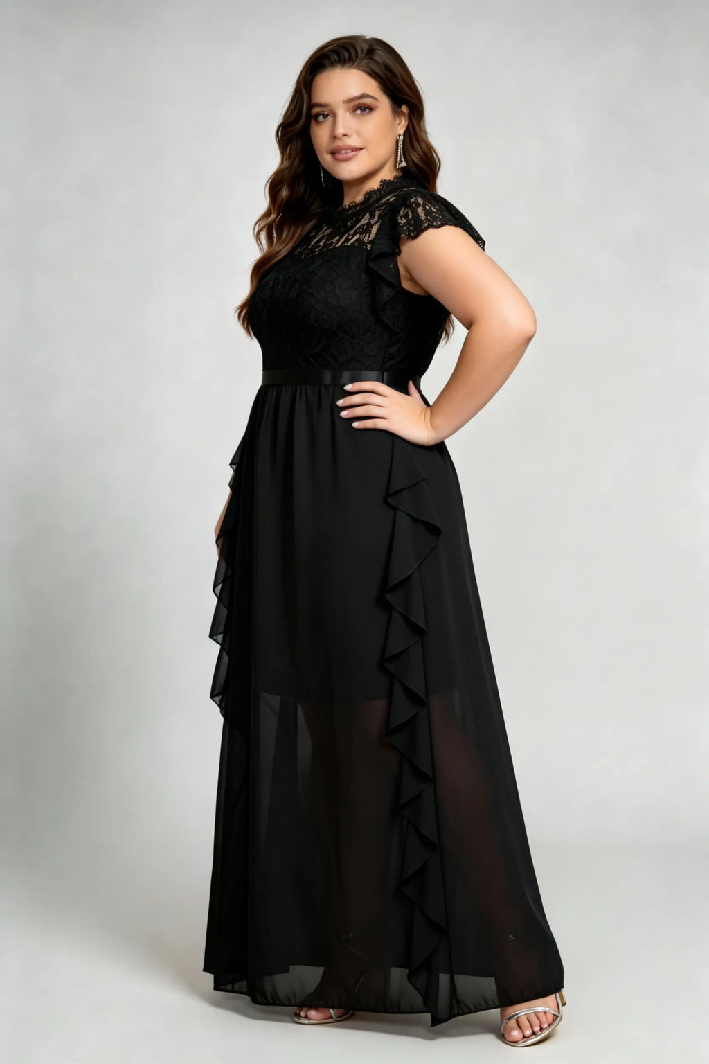 Plus Size Black Lace High Neck Ruffled Sleeve Waist Defined Sheer Hem A-Line Maxi Formal Dress