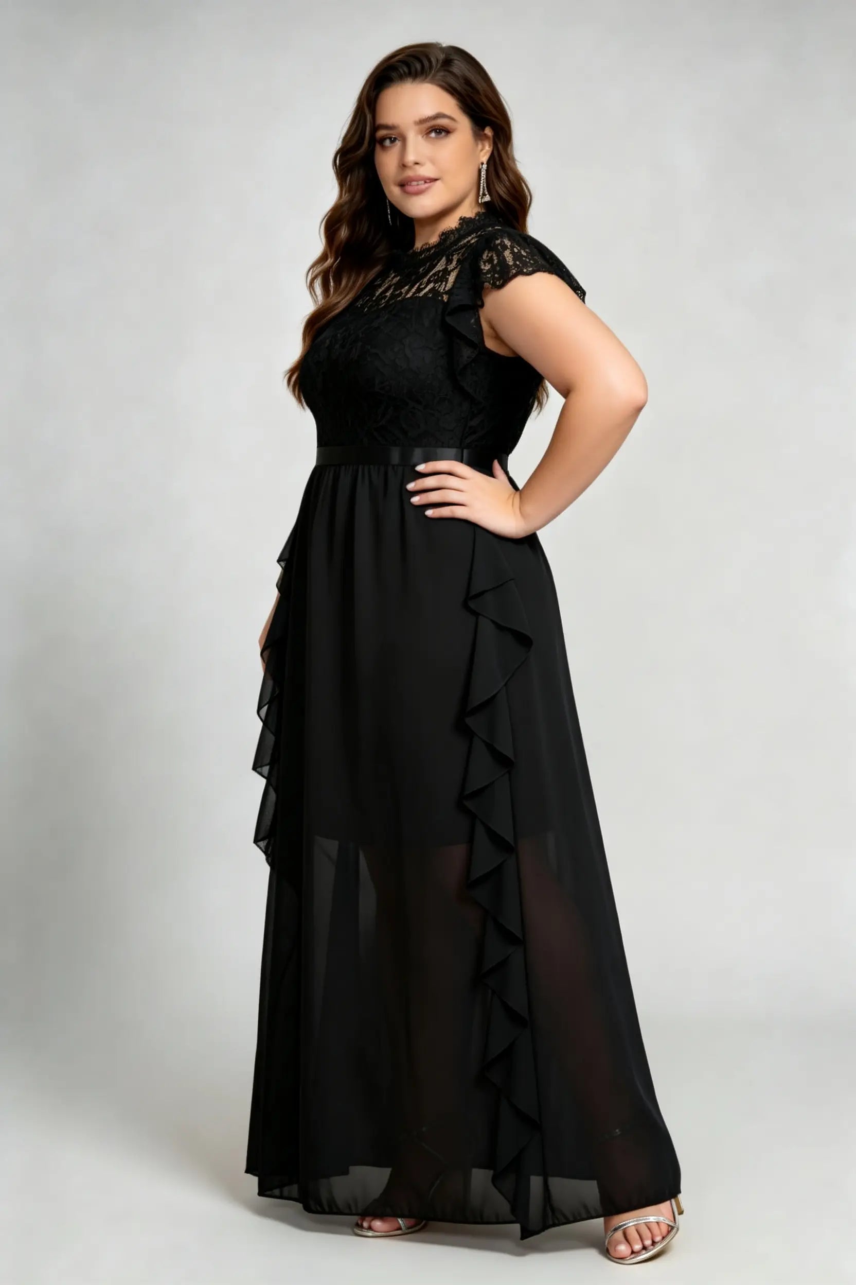 Plus Size Black Lace High Neck Ruffled Sleeve Waist Defined Sheer Hem A-Line Maxi Formal Dress