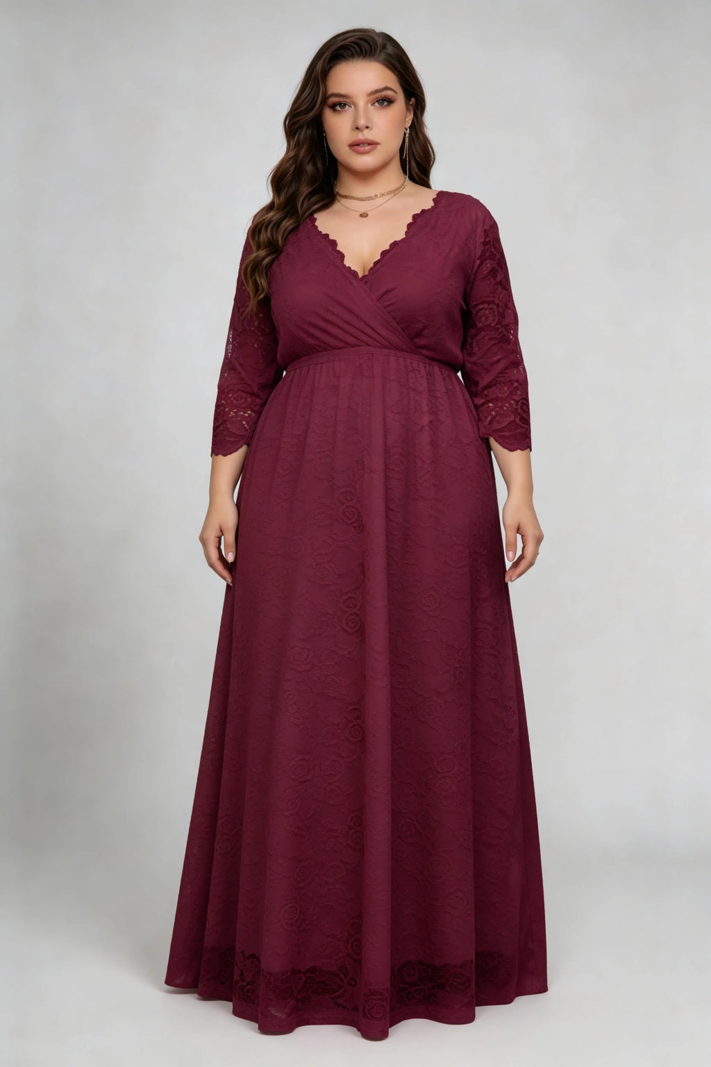 Plus Size Burgundy Lace V-Neck 3/4 Sleeve Flowy A-Line Evening Maxi Dress