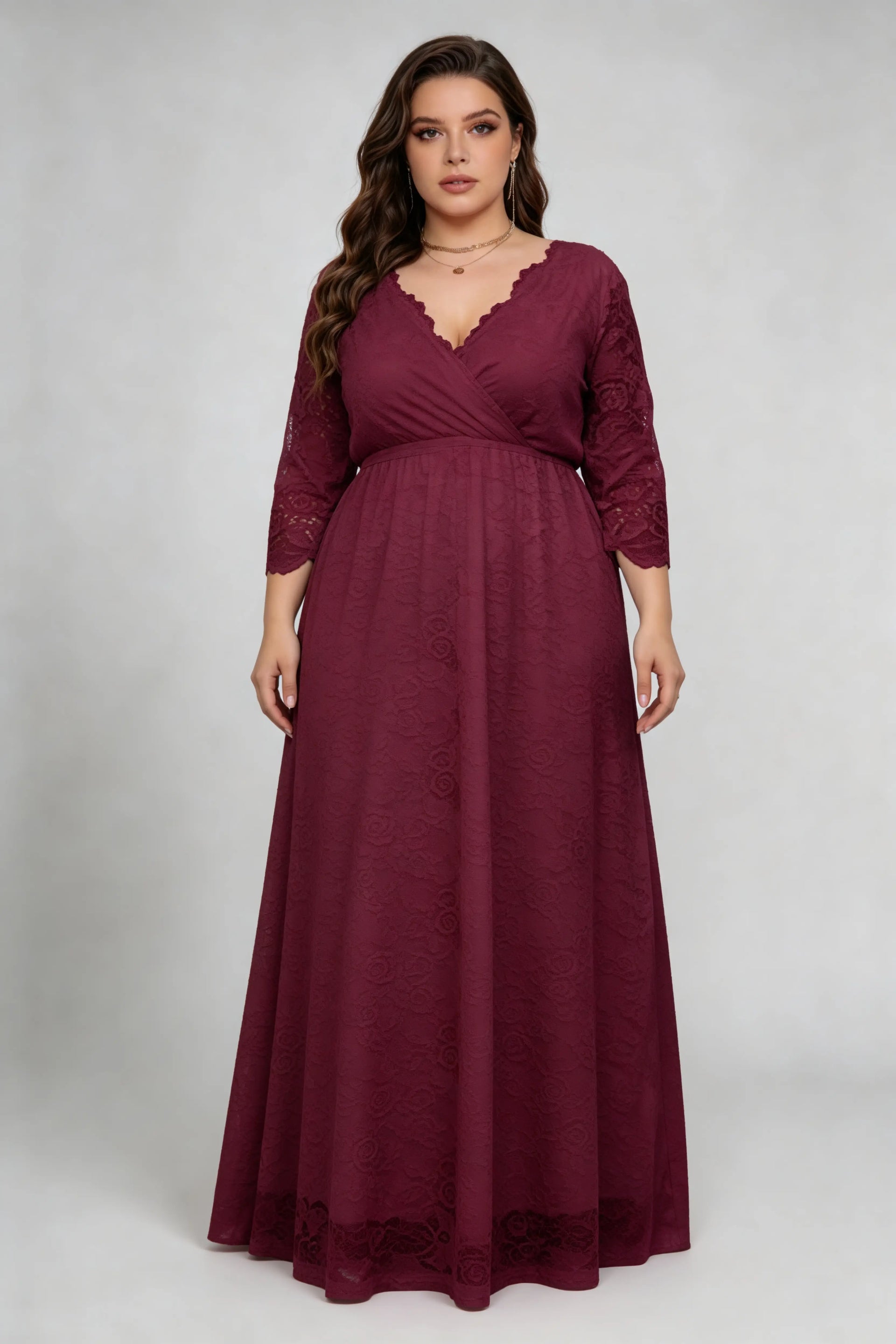 Plus Size Lace V-Neck 3/4 Sleeve Flowy A-Line Evening Maxi Dress  phoehua
