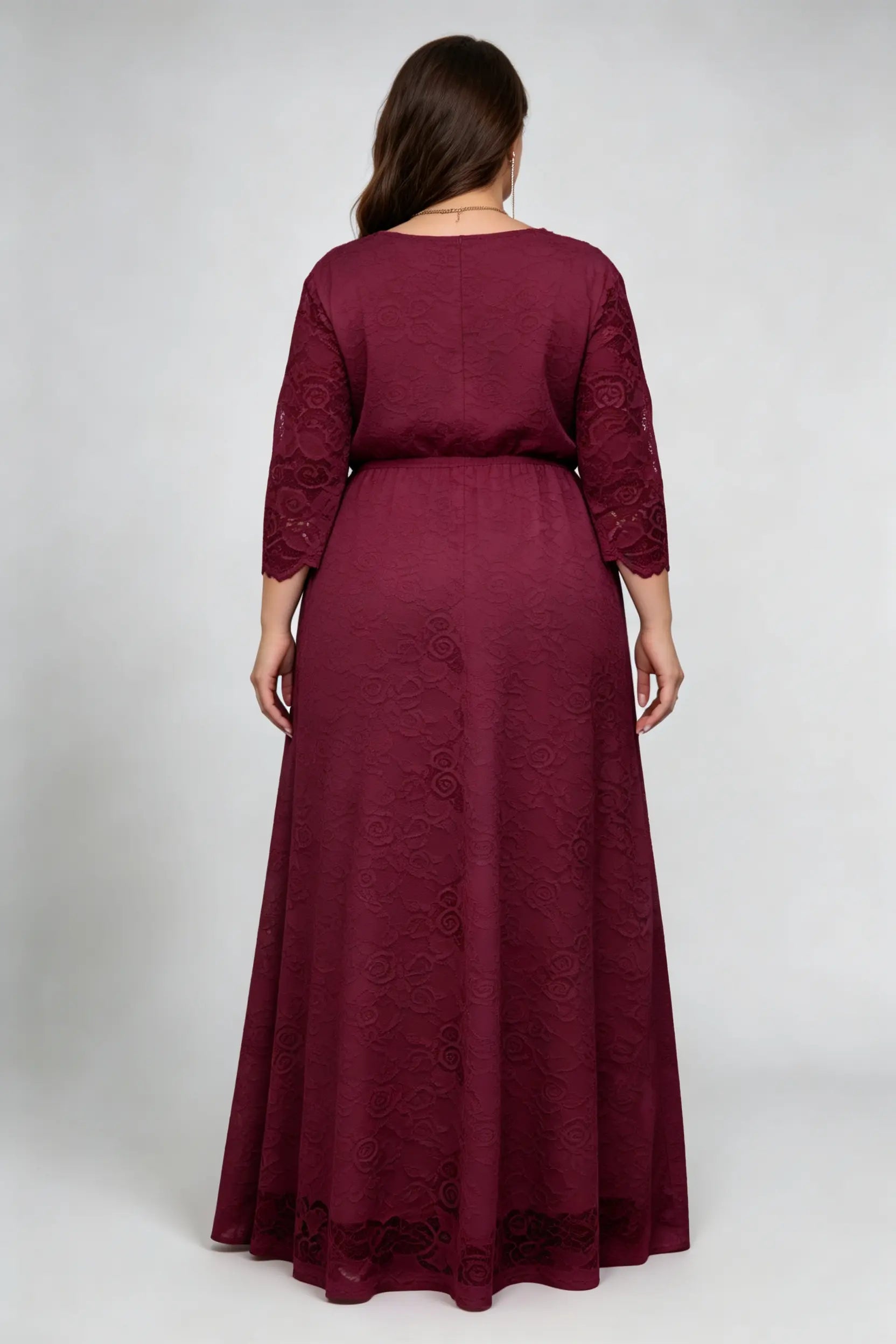Plus Size Burgundy Lace V-Neck 3/4 Sleeve Flowy A-Line Evening Maxi Dress