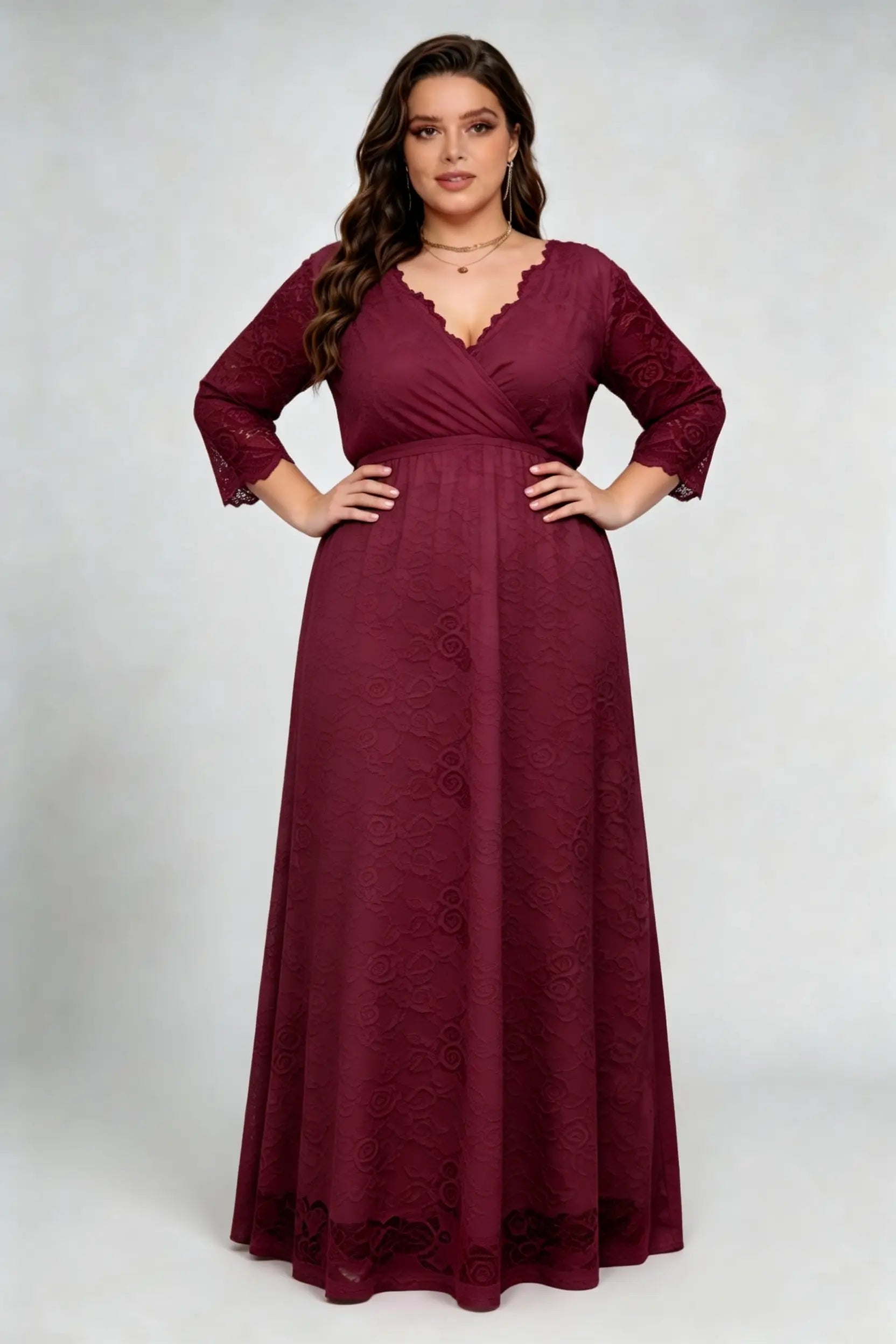 Plus Size Burgundy Lace V-Neck 3/4 Sleeve Flowy A-Line Evening Maxi Dress